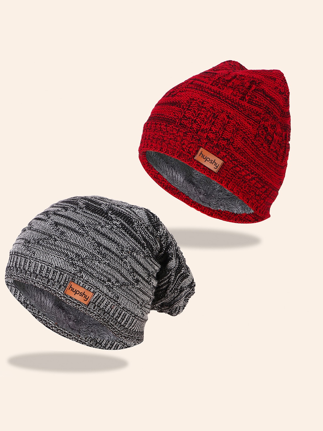 

hupshy Men Pack Of 2 Self Design Pure Cotton Beanies, Red