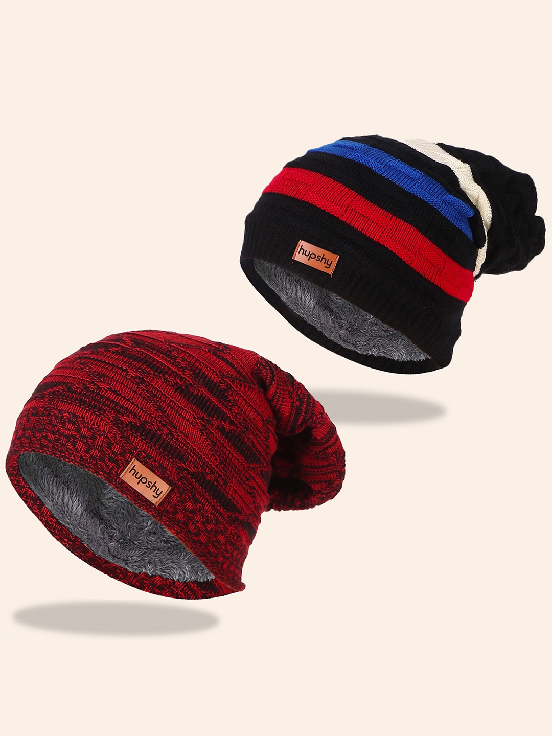 

hupshy Men Pack Of 2 Self Design Pure Cotton Beanies, Red