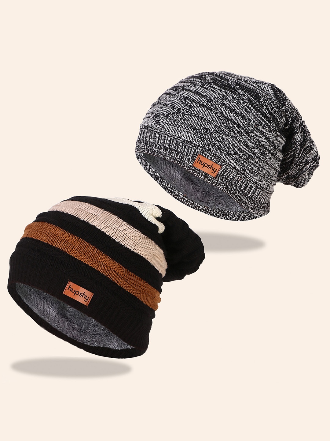 

hupshy Men Pack Of 2 Self Design Pure Cotton Beanies, Black