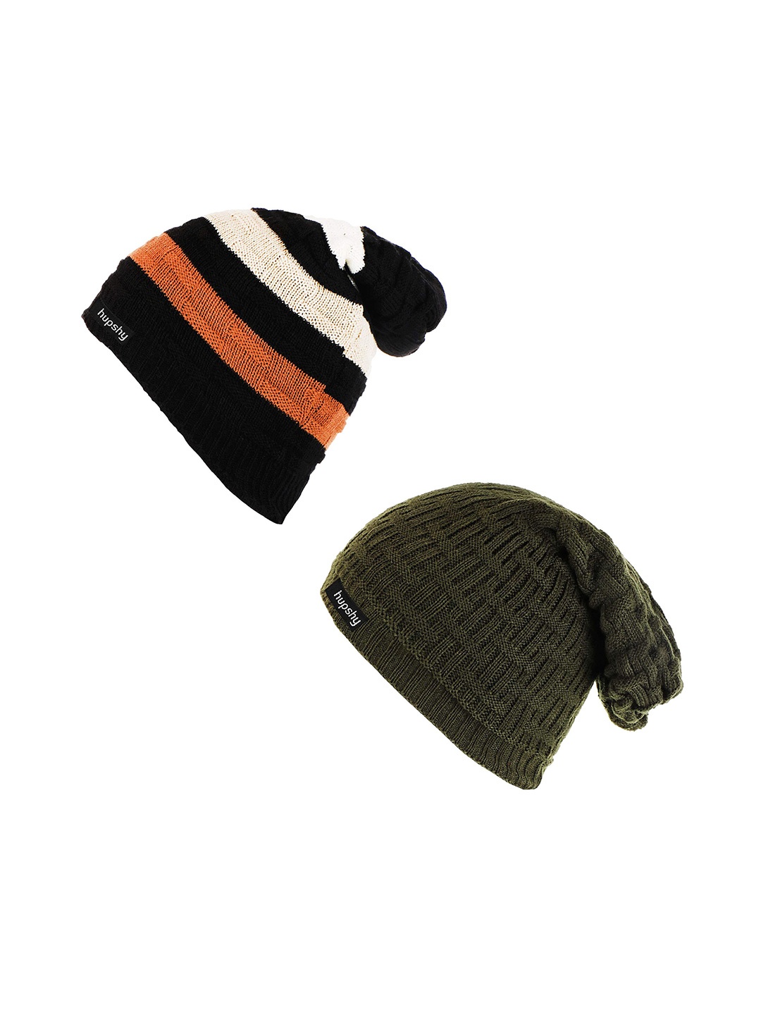 

hupshy Men Pack Of 2 Self Design Acrylic Beanies, Olive