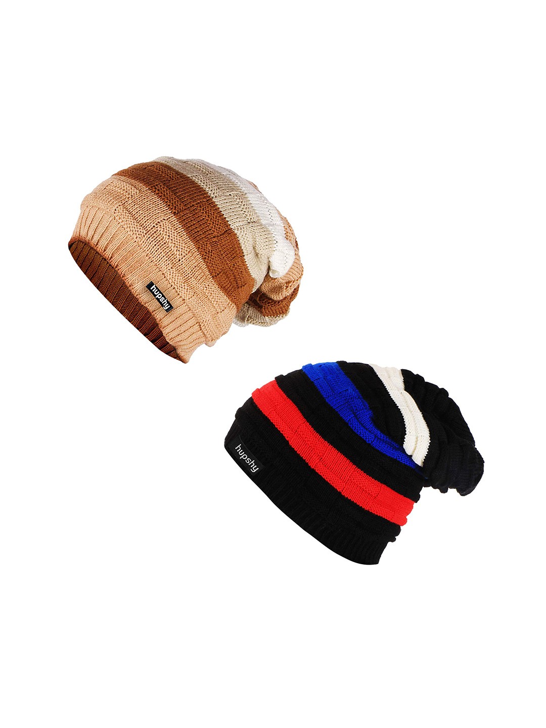 

hupshy Men Pack Of 2 Self Design Acrylic Beanies, Brown