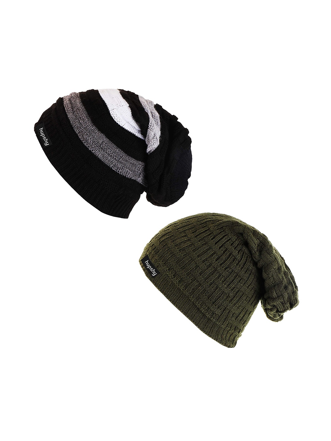 

hupshy Men Pack Of 2 Self Design Acrylic Beanies, Black