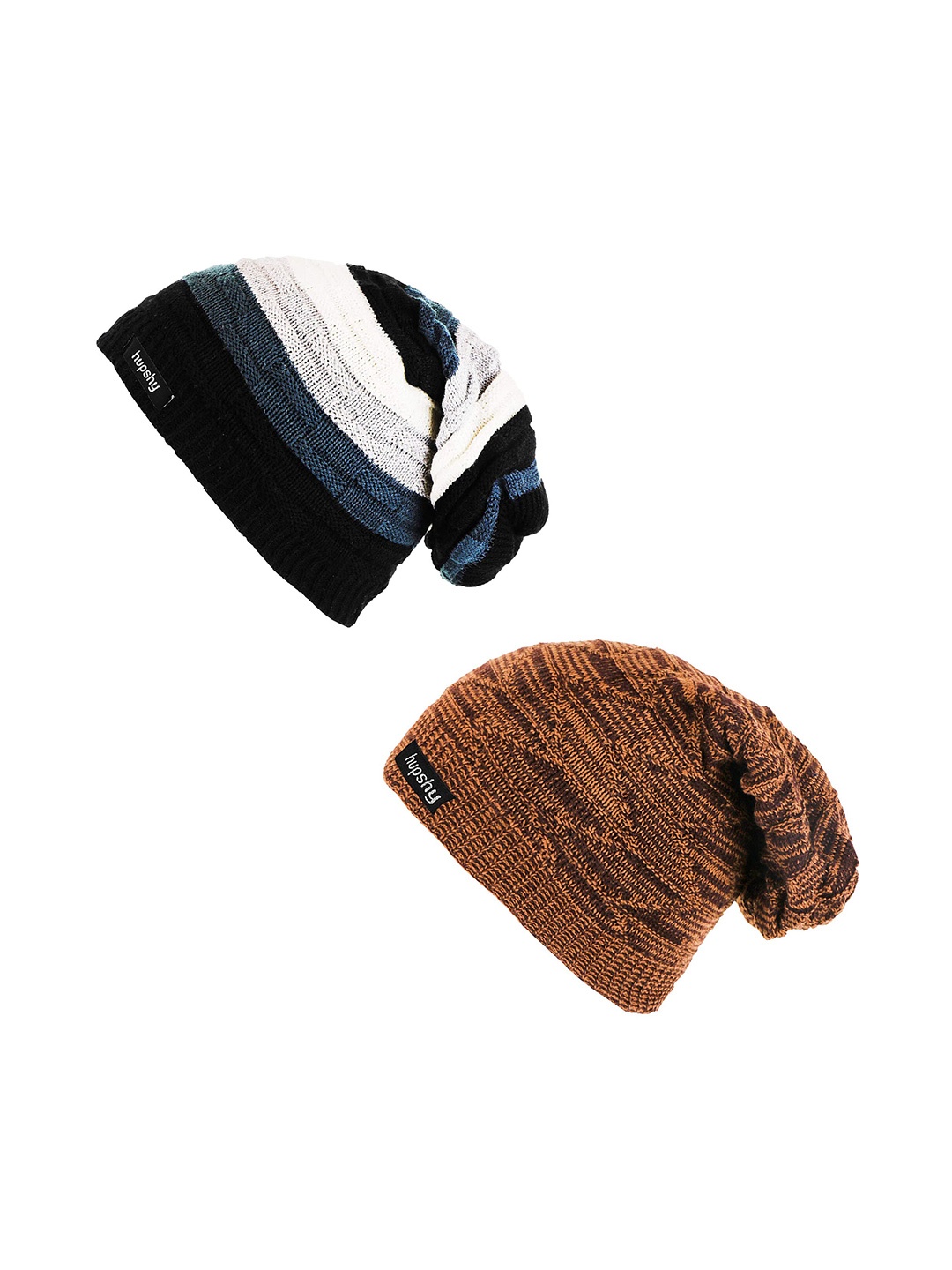 

hupshy Men Pack Of 2 Self Design Acrylic Beanies, Brown