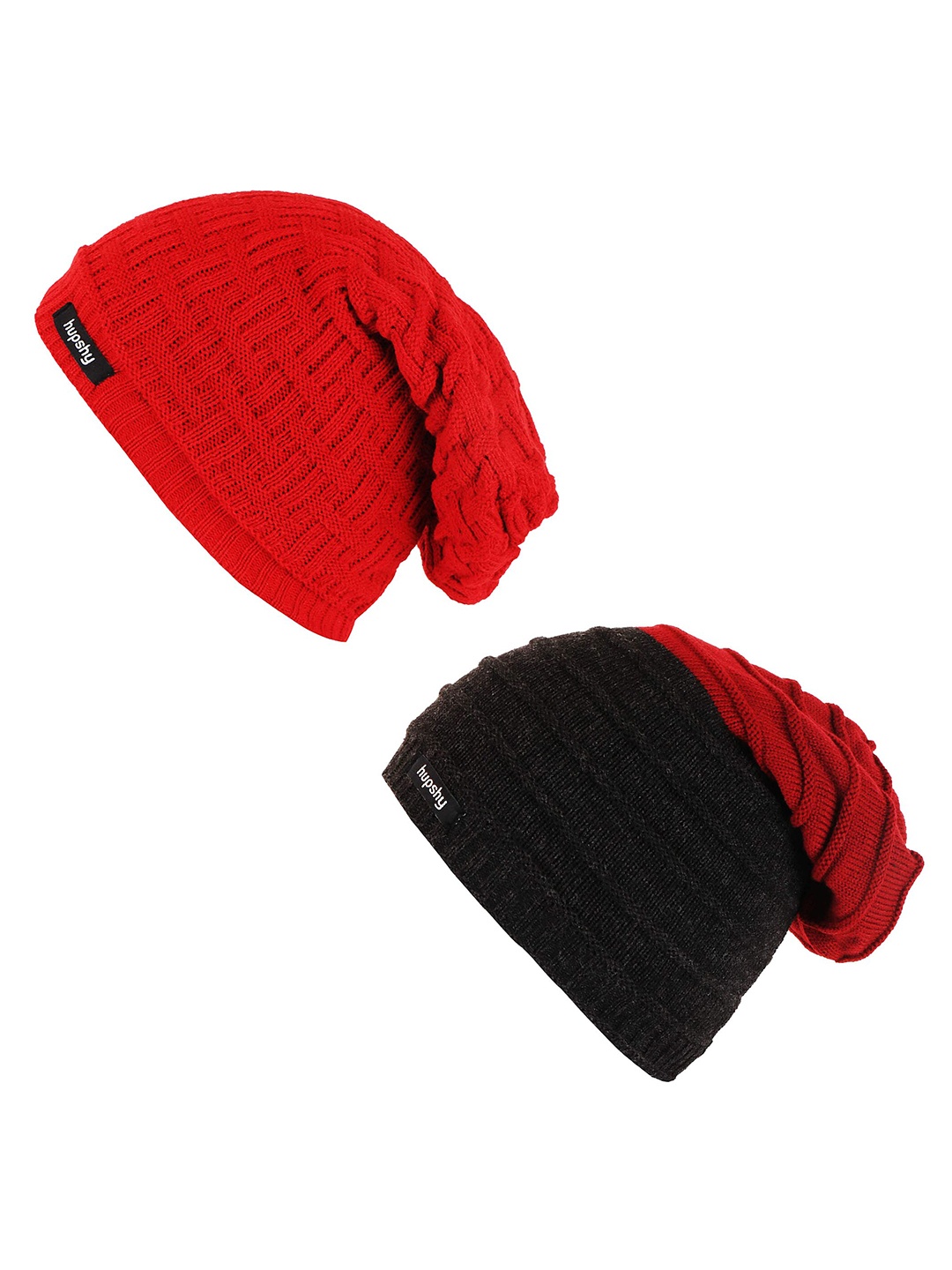 

hupshy Men Pack Of 2 Self Design Acrylic Beanies, Red