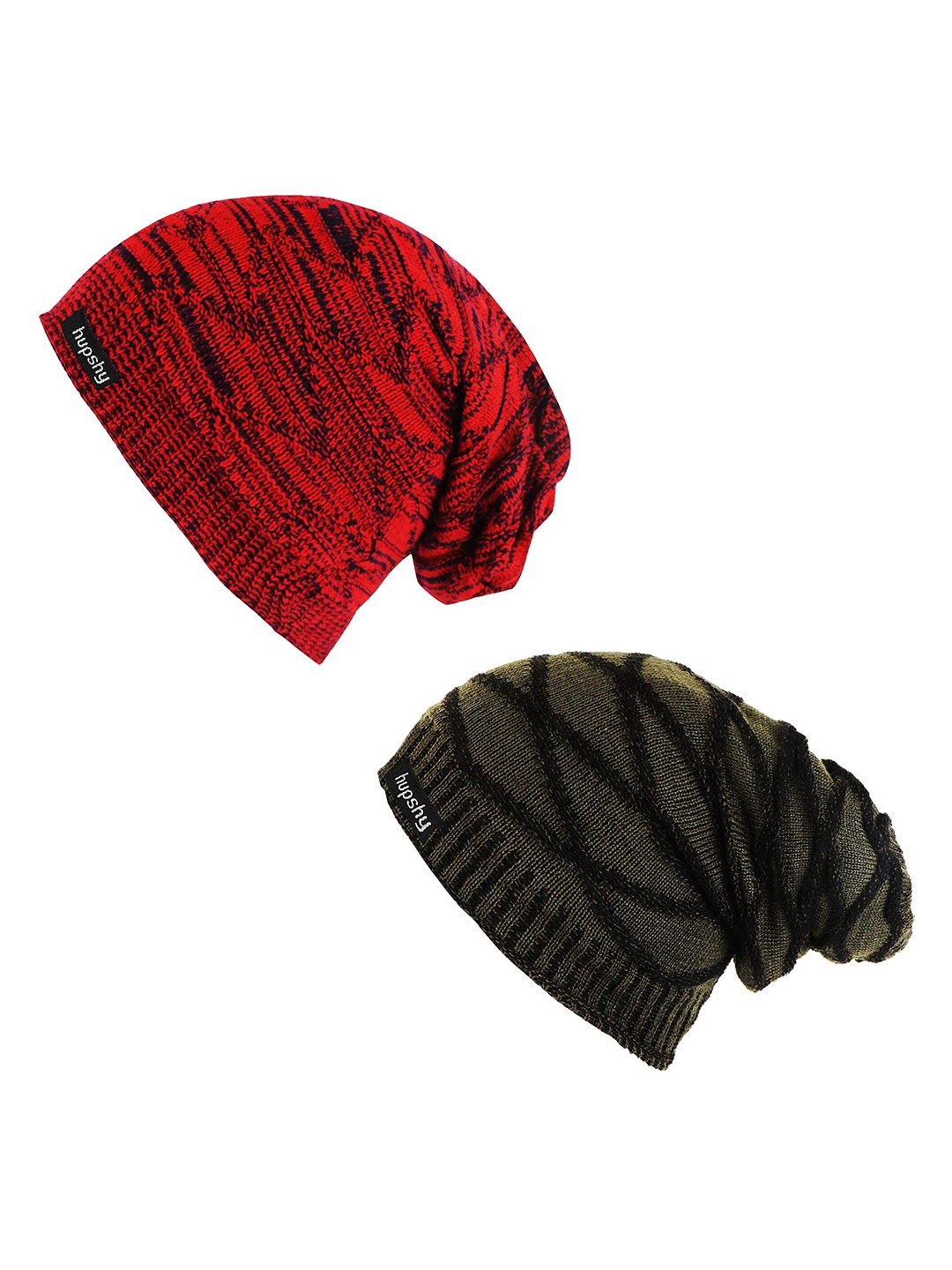 

hupshy Men Pack Of 2 Self Design Acrylic Beanies, Red
