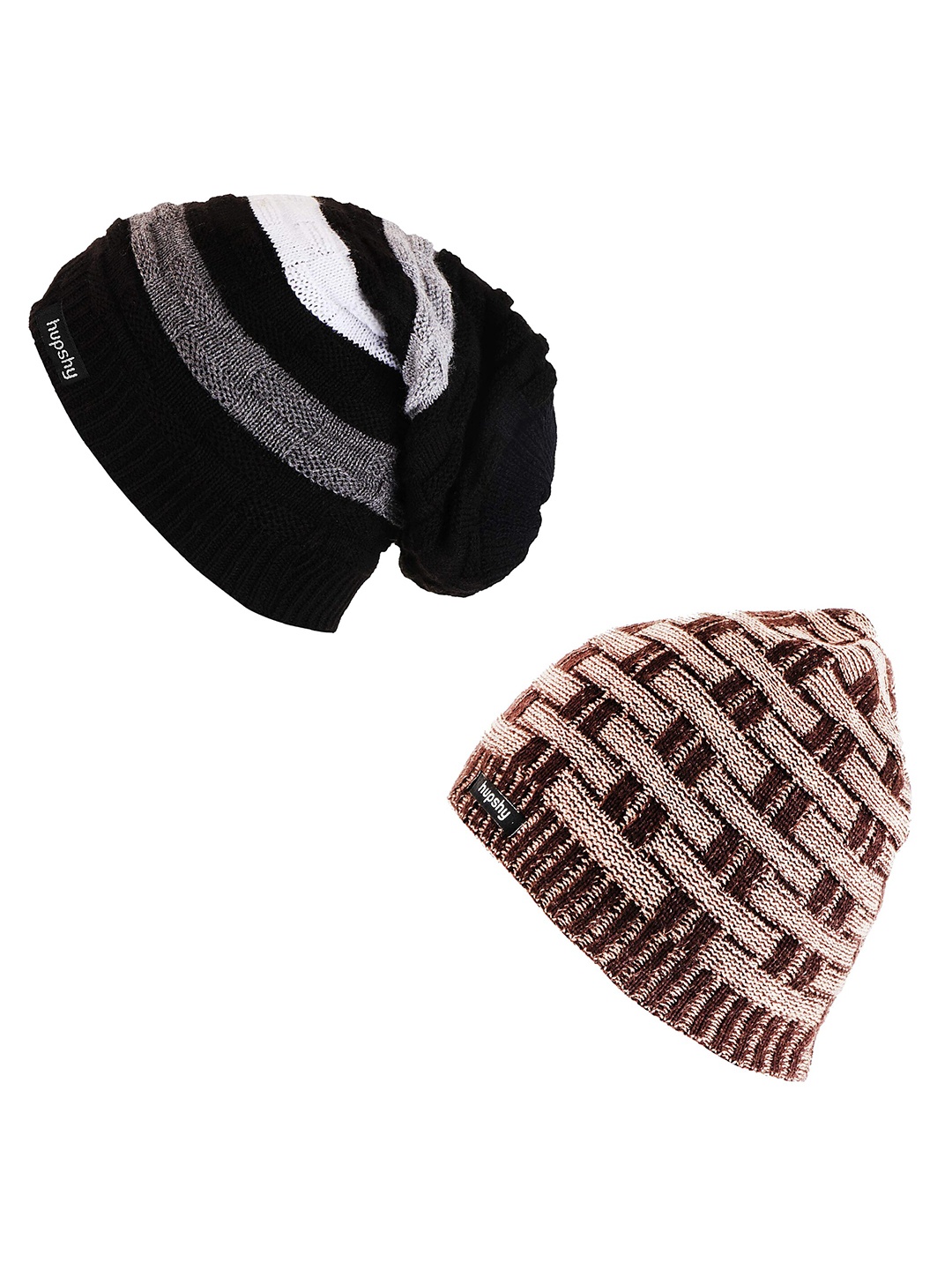 

hupshy Men Pack Of 2 Self Design Acrylic Beanies, Brown