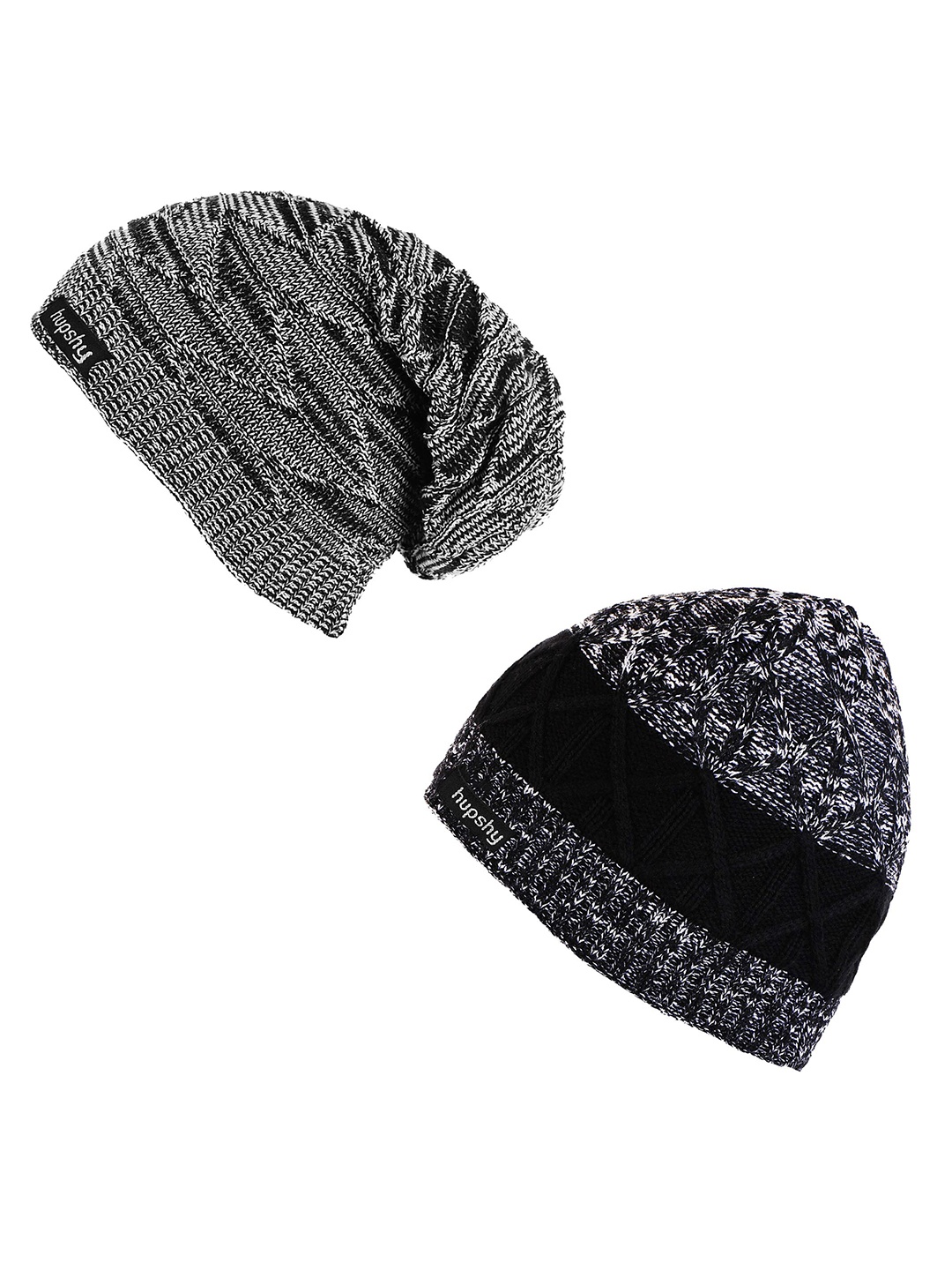 

hupshy Men Pack Of 2 Self Design Acrylic Beanies, Black