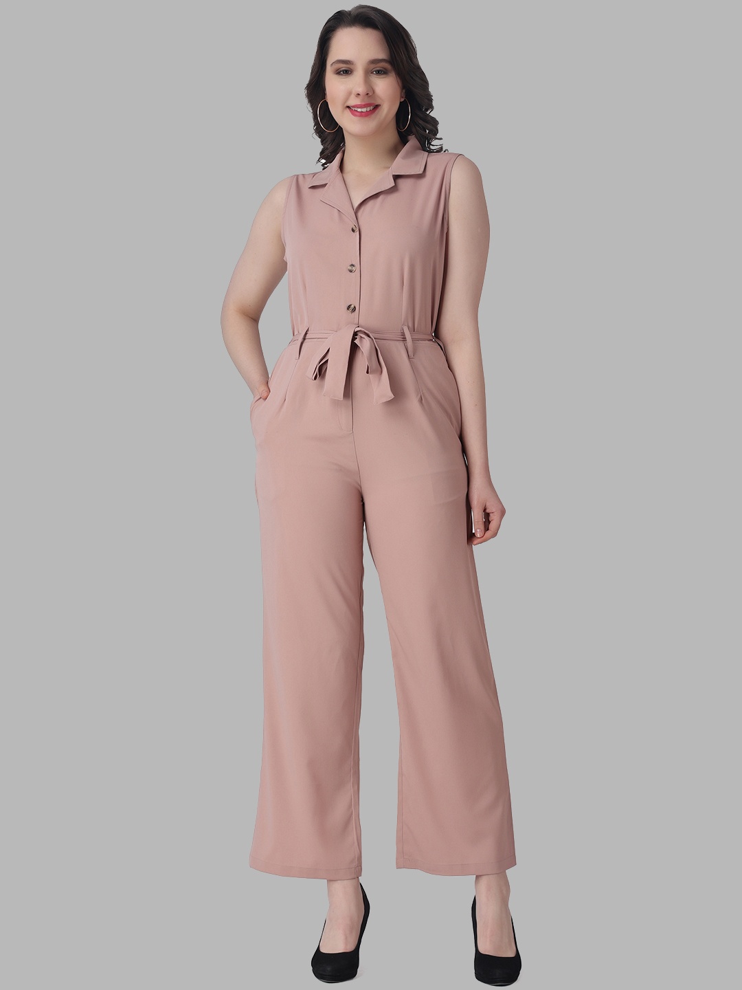 

COLOR STUDIO Shirt Collar Basic Jumpsuit, Peach