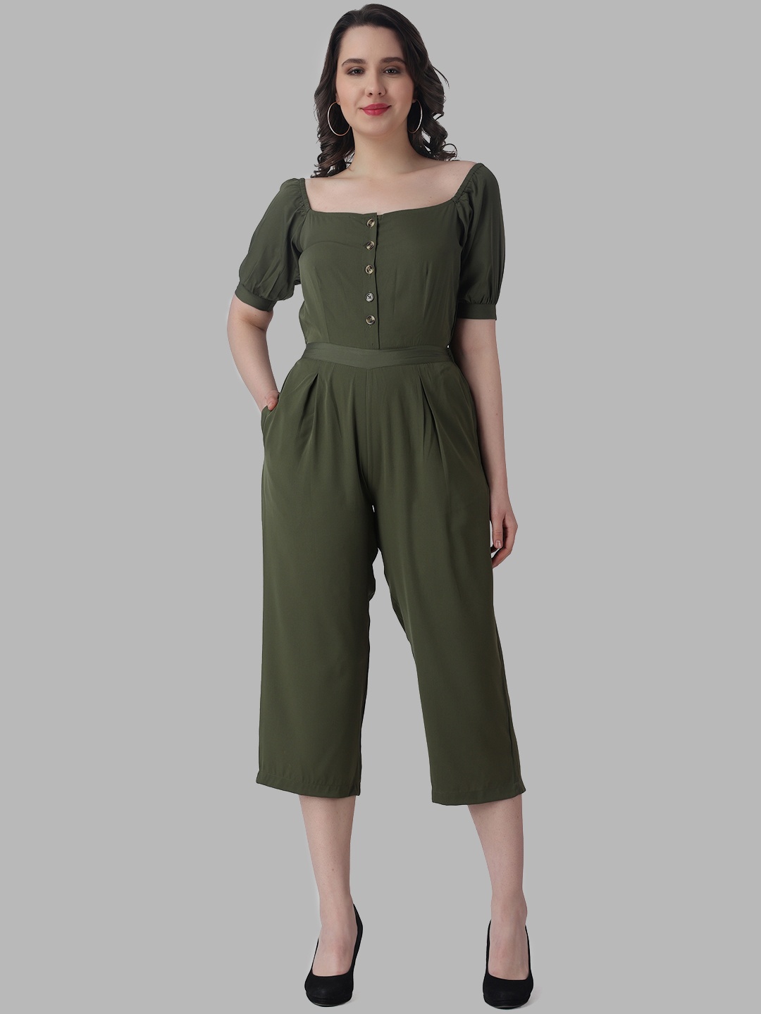 

COLOR STUDIO Square Neck Gathered Capri Jumpsuit, Olive