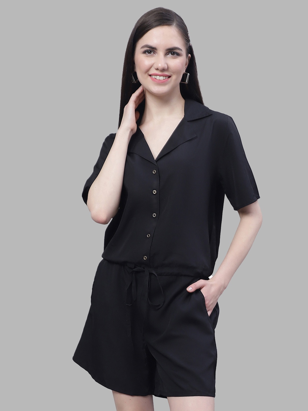 

COLOR STUDIO Shirt Collar Waist Tie-Ups Playsuit, Black