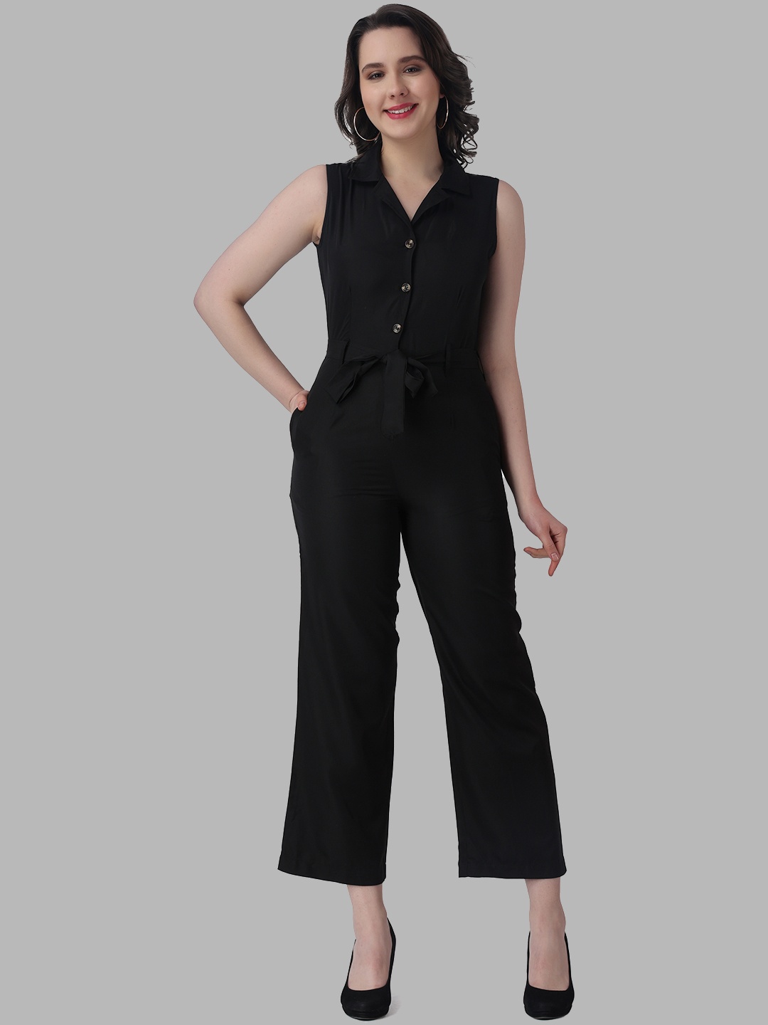 

COLOR STUDIO Shirt Collar Basic Jumpsuit, Black