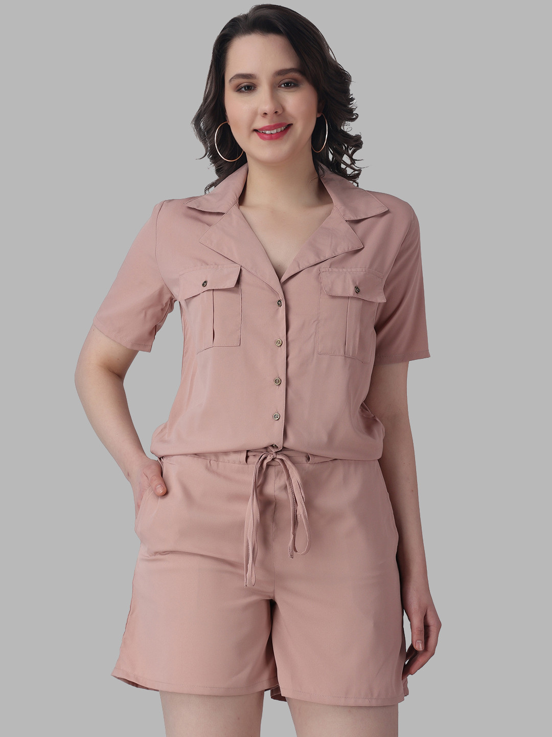 

COLOR STUDIO Shirt Collar Waist Tie-Ups Playsuit, Peach