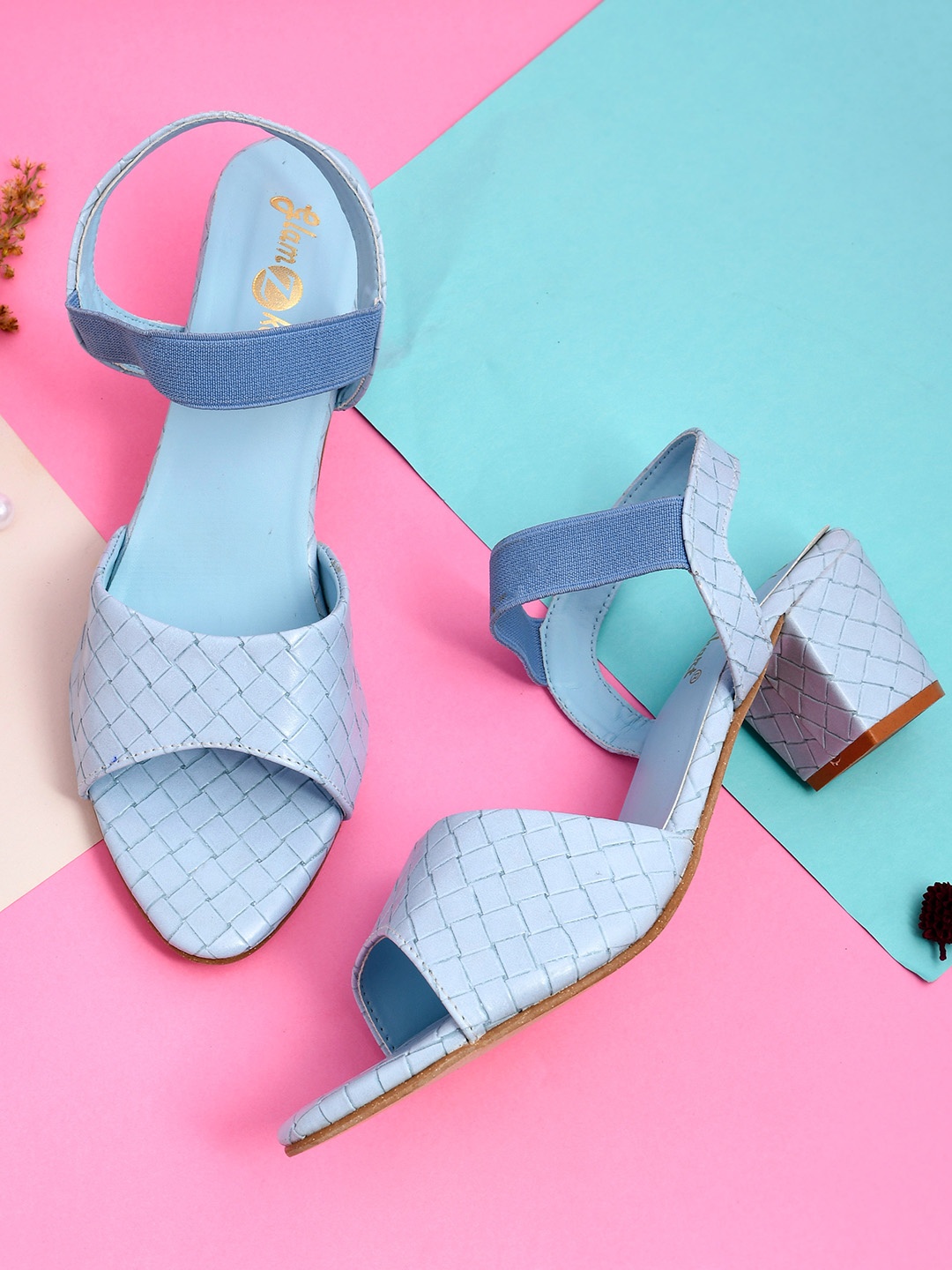 

GLAMZKART Textured Open Toe Block Heels, Turquoise blue