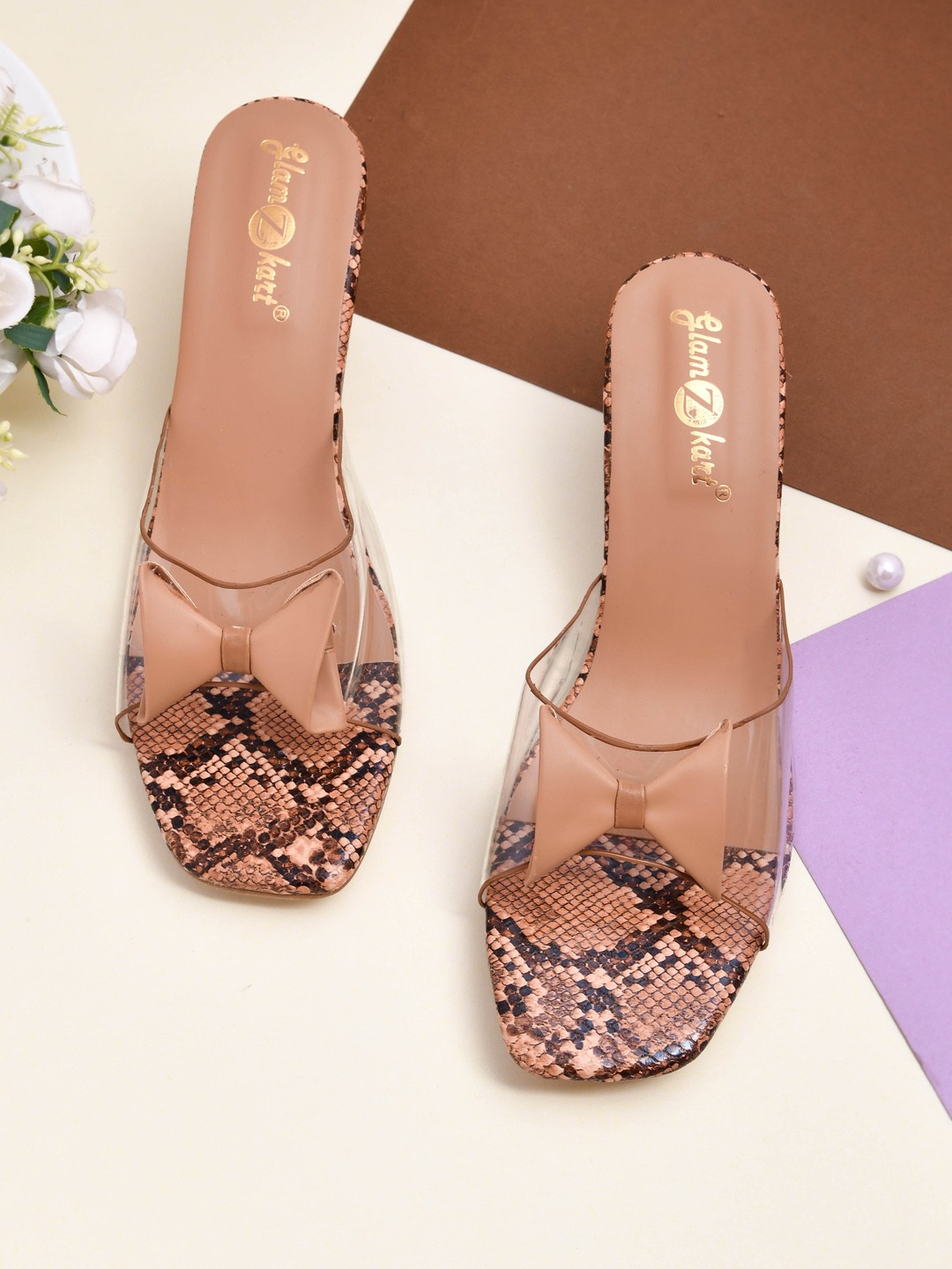 

GLAMZKART Printed Open Toe Block Heels With Bows, Peach