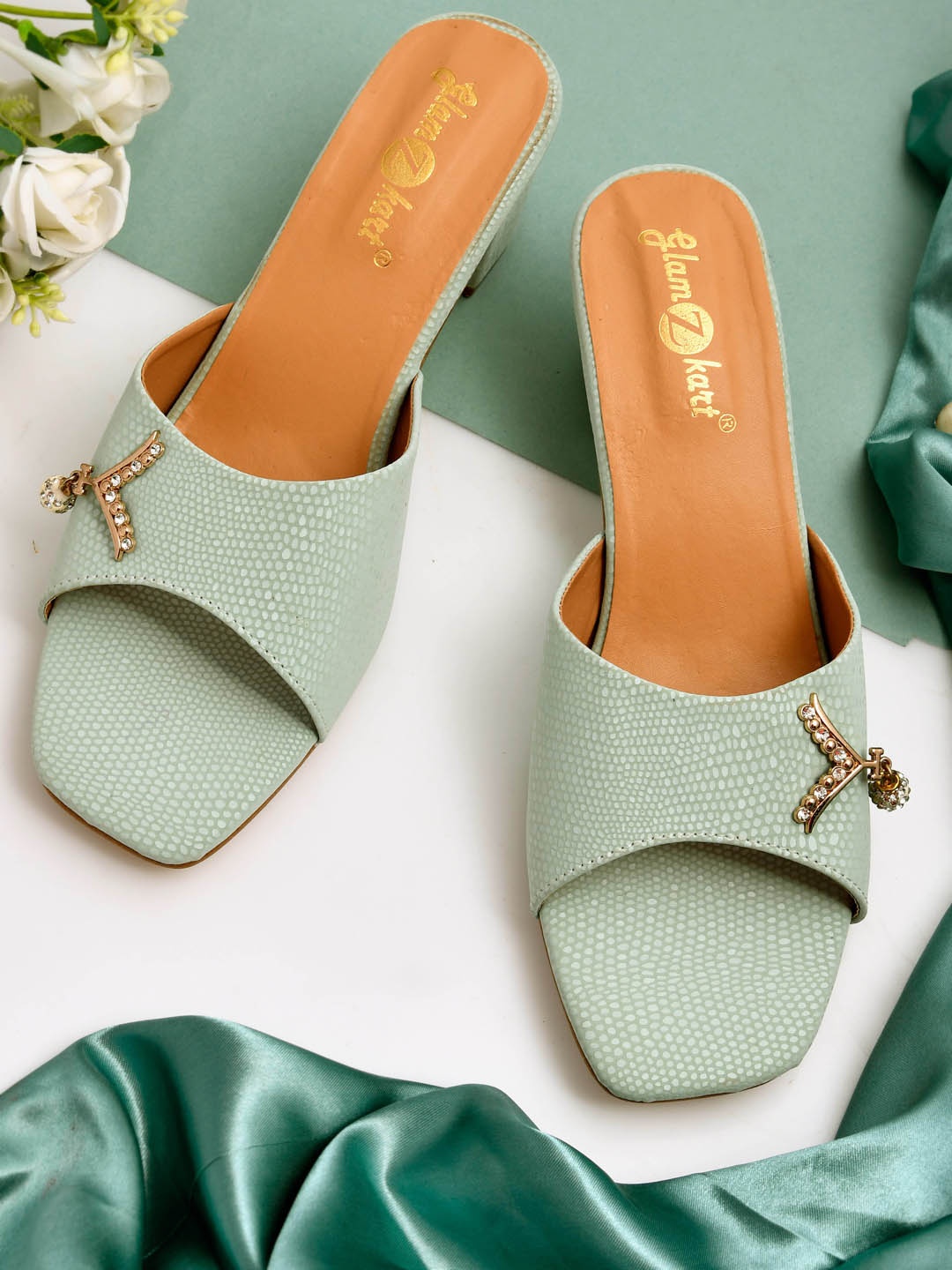 

GLAMZKART Embellished Open Toe Textured Block Heels, Sea green