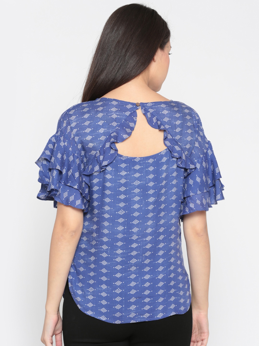

Global Desi Women Blue Printed Styled Back Top