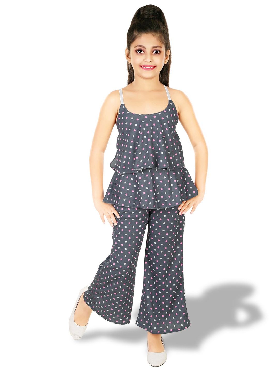 

BAESD Girls Polka Dots Printed Top With Palazzos, Grey