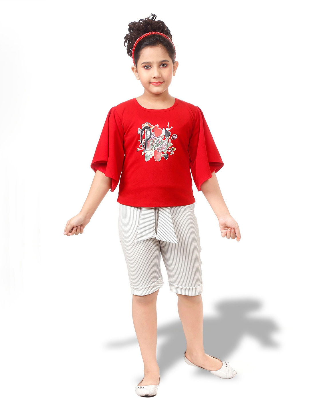 

BAESD Printed Flutter Sleeve Top with Capris, Red
