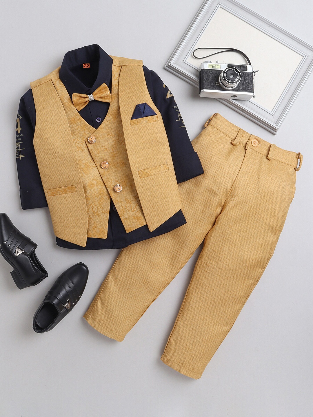 

DKGF FASHION Boys Single Breasted Party 3-Piece Suits With Bow Tie, Mustard