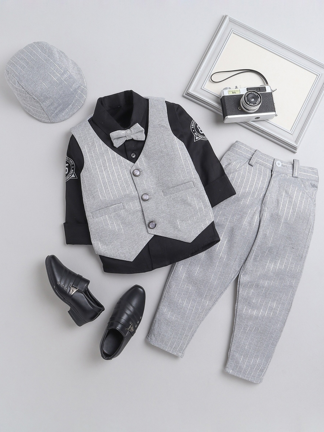 

DKGF FASHION Boys Striped Single Breasted 3-Piece Suits, Grey