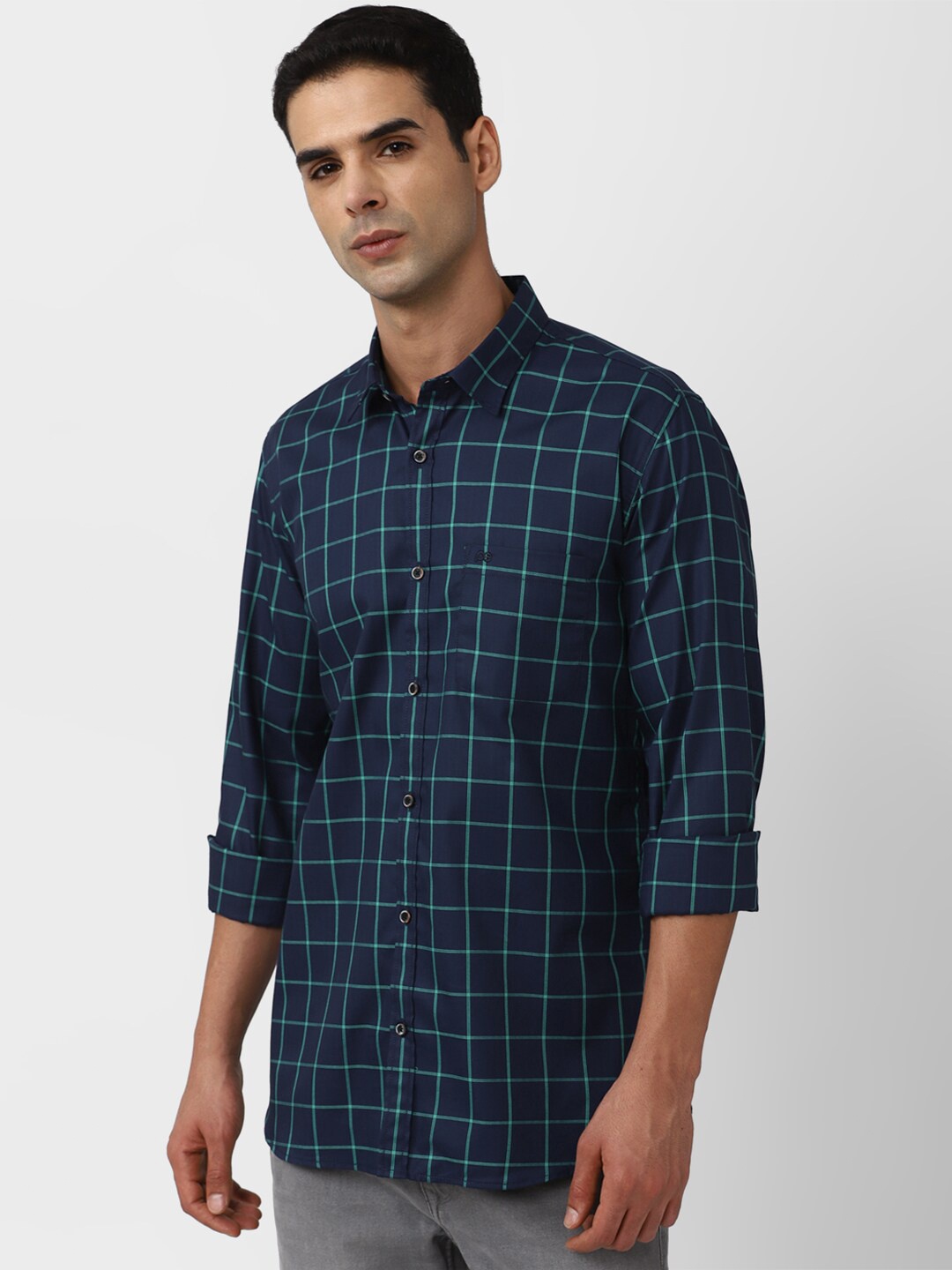 

Peter England Casuals Slim Fit Windowpane Checks Checked Pure Cotton Casual Shirt, Navy blue