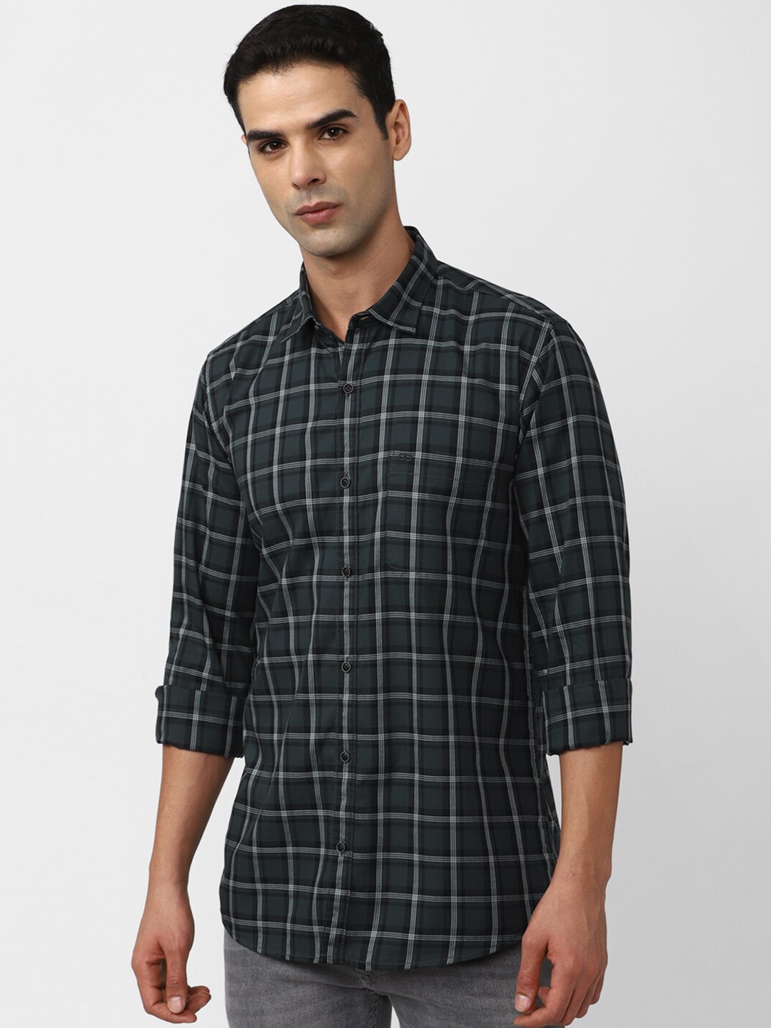 

Peter England Casuals Slim Fit Windowpane Checks Checked Pure Cotton Casual Shirt, Black