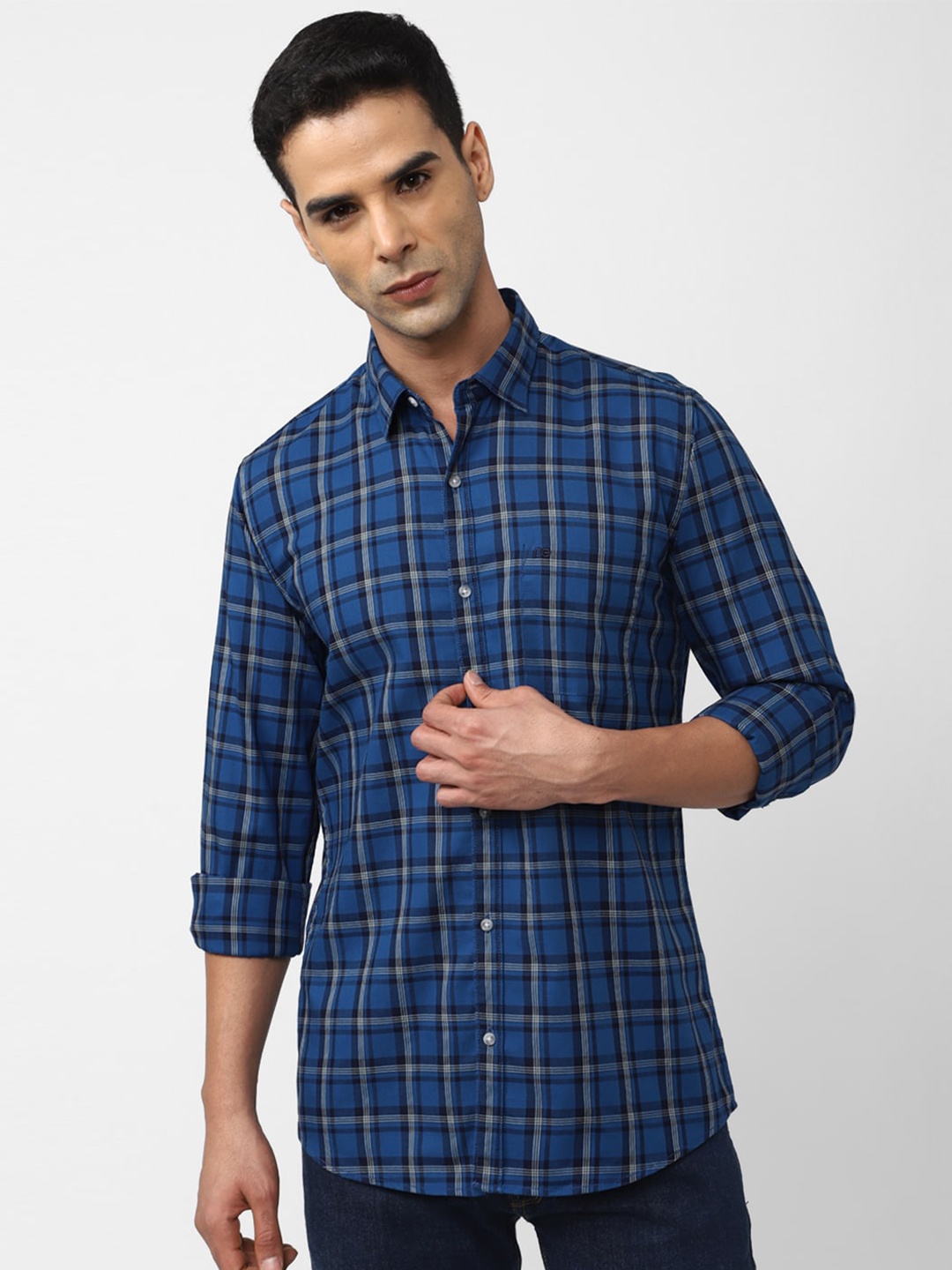 

Peter England Casuals Slim Fit Tartan Checks Checked Pure Cotton Casual Shirt, Blue