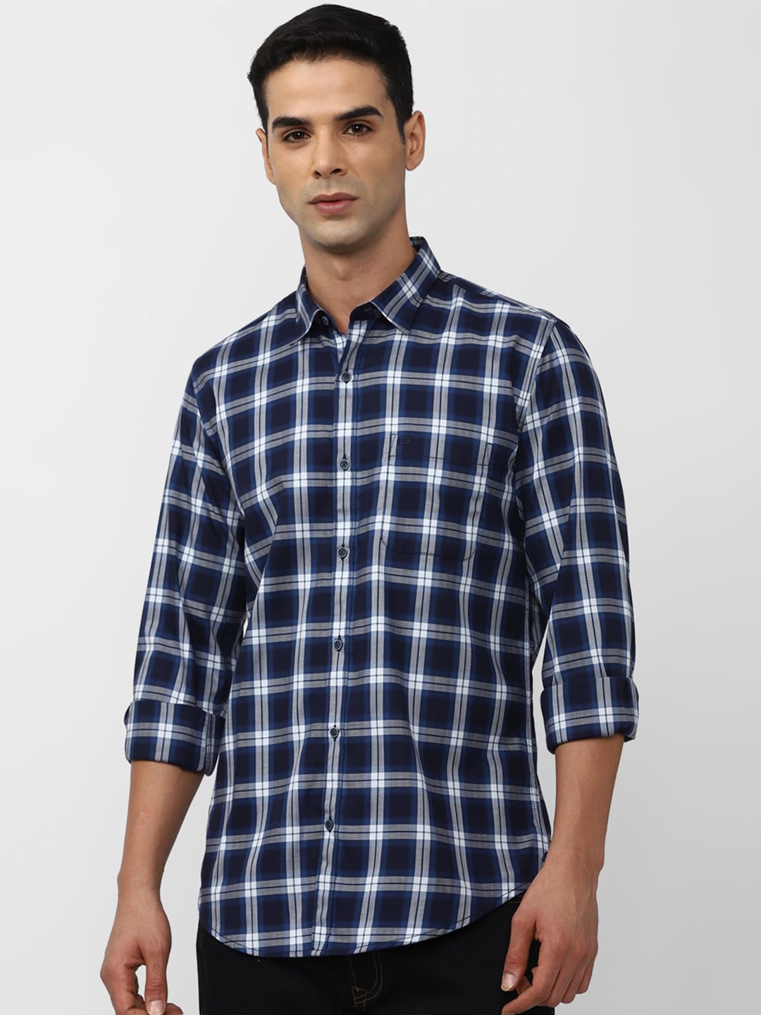 

Peter England Casuals Slim Fit Tartan Checks Checked Pure Cotton Casual Shirt, Navy blue