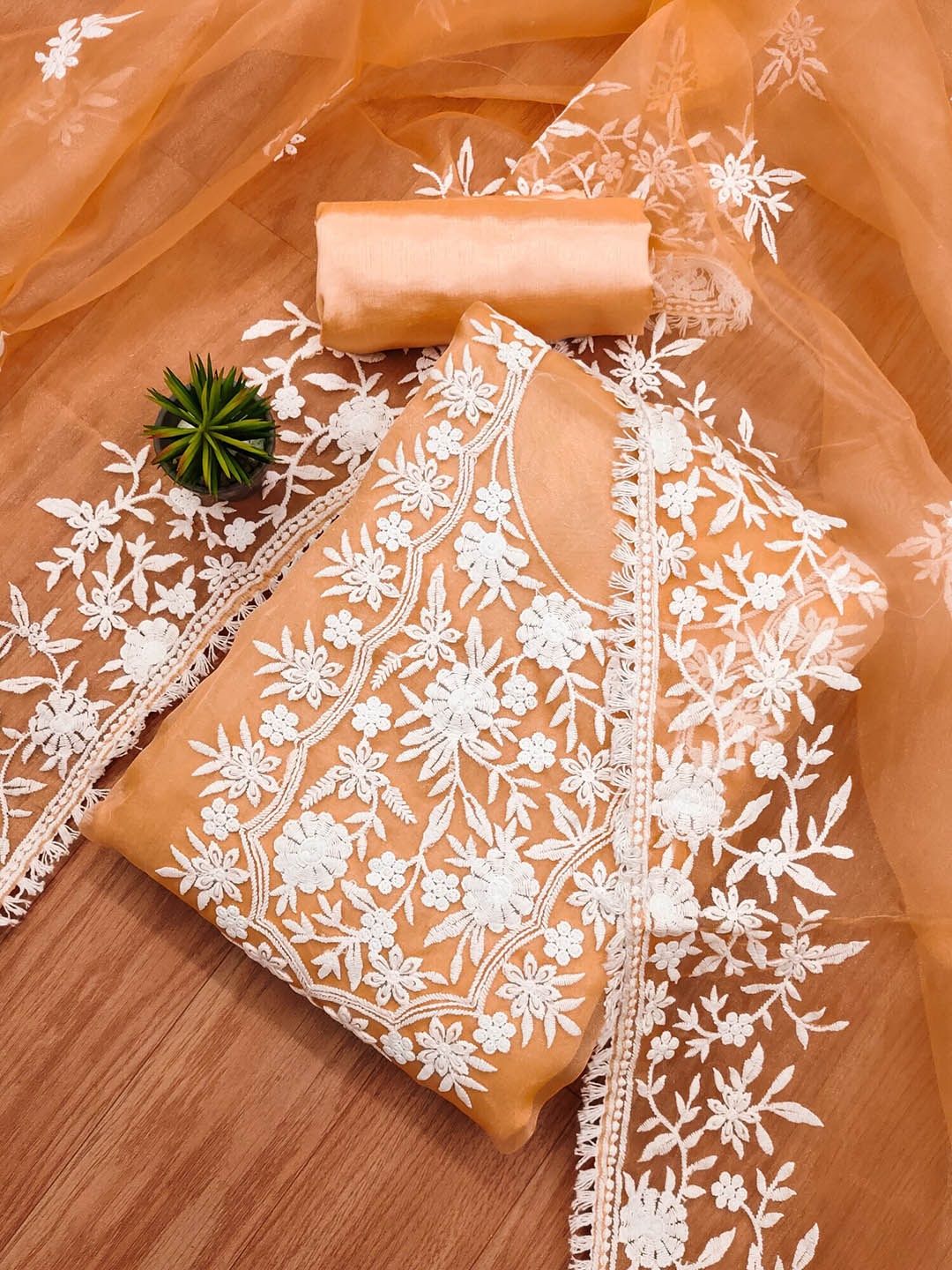 

KALINI Floral Embroidered Organza Unstitched Dress Material, Peach