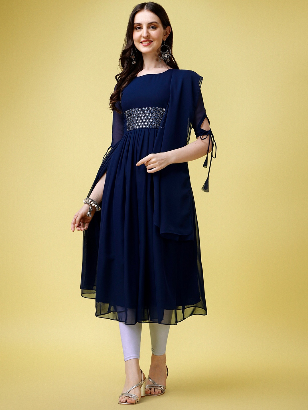 

LABEL D11 Mirror Work Tie-Up Sleeves Anarkali Kurti With Dupatta & Leggings, Blue