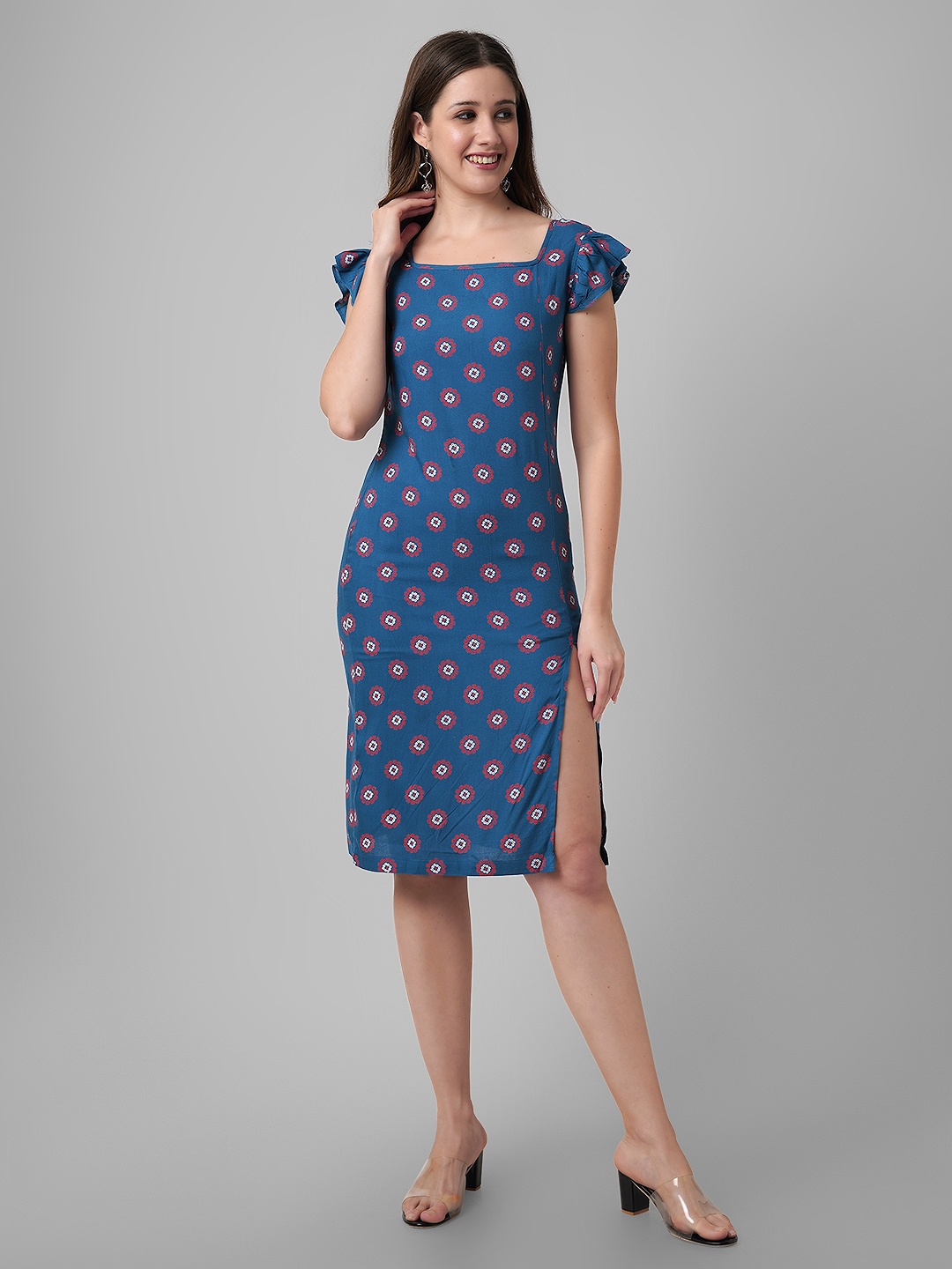 

DAEVISH Floral Printed Square Neck Flutter Sleeve Sheath Dress, Blue