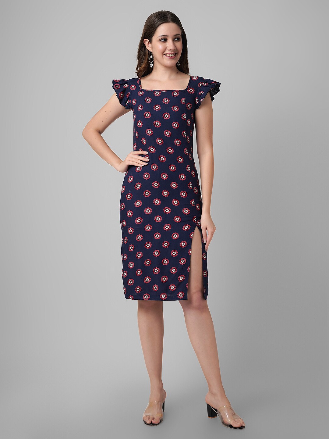 

DAEVISH Floral Printed Square Neck Flutter Sleeve Sheath Dress, Blue