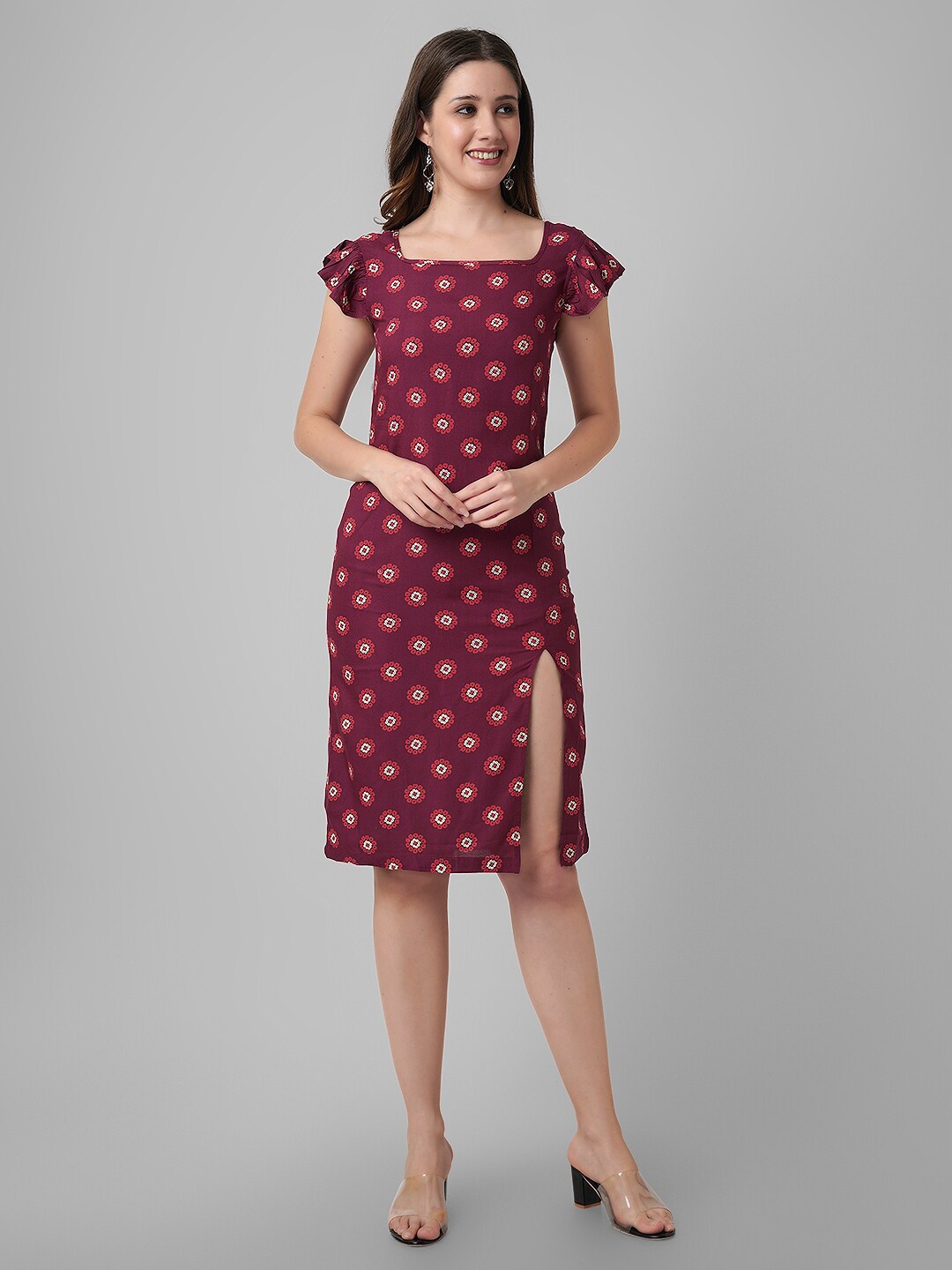 

DAEVISH Floral Printed Square Neck Flutter Sleeve Sheath Dress, Maroon