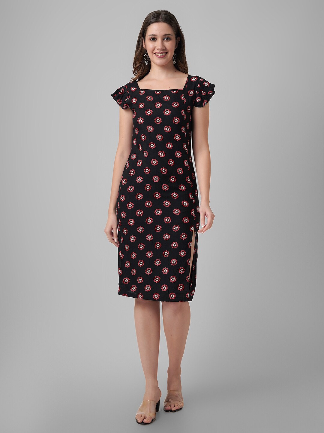 

DAEVISH Ethnic Motifs Printed Square Neck Cut-outs Sheath Dress, Black