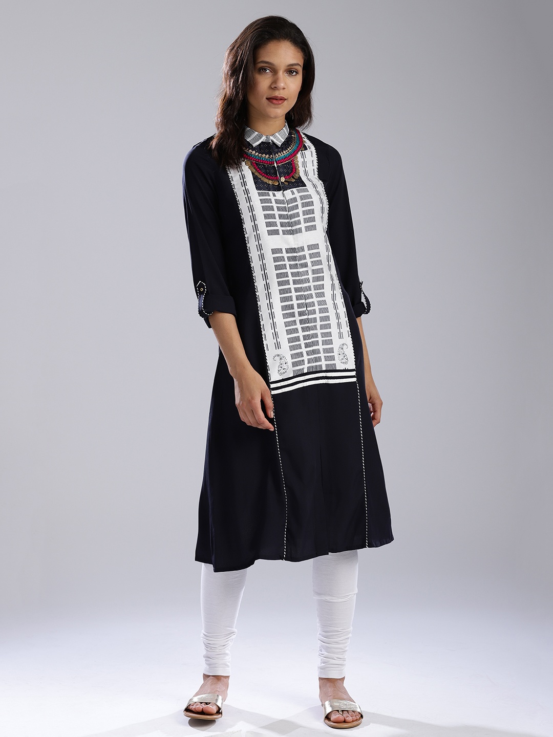 

W Women Navy Blue Yoke Design A-Line Kurta