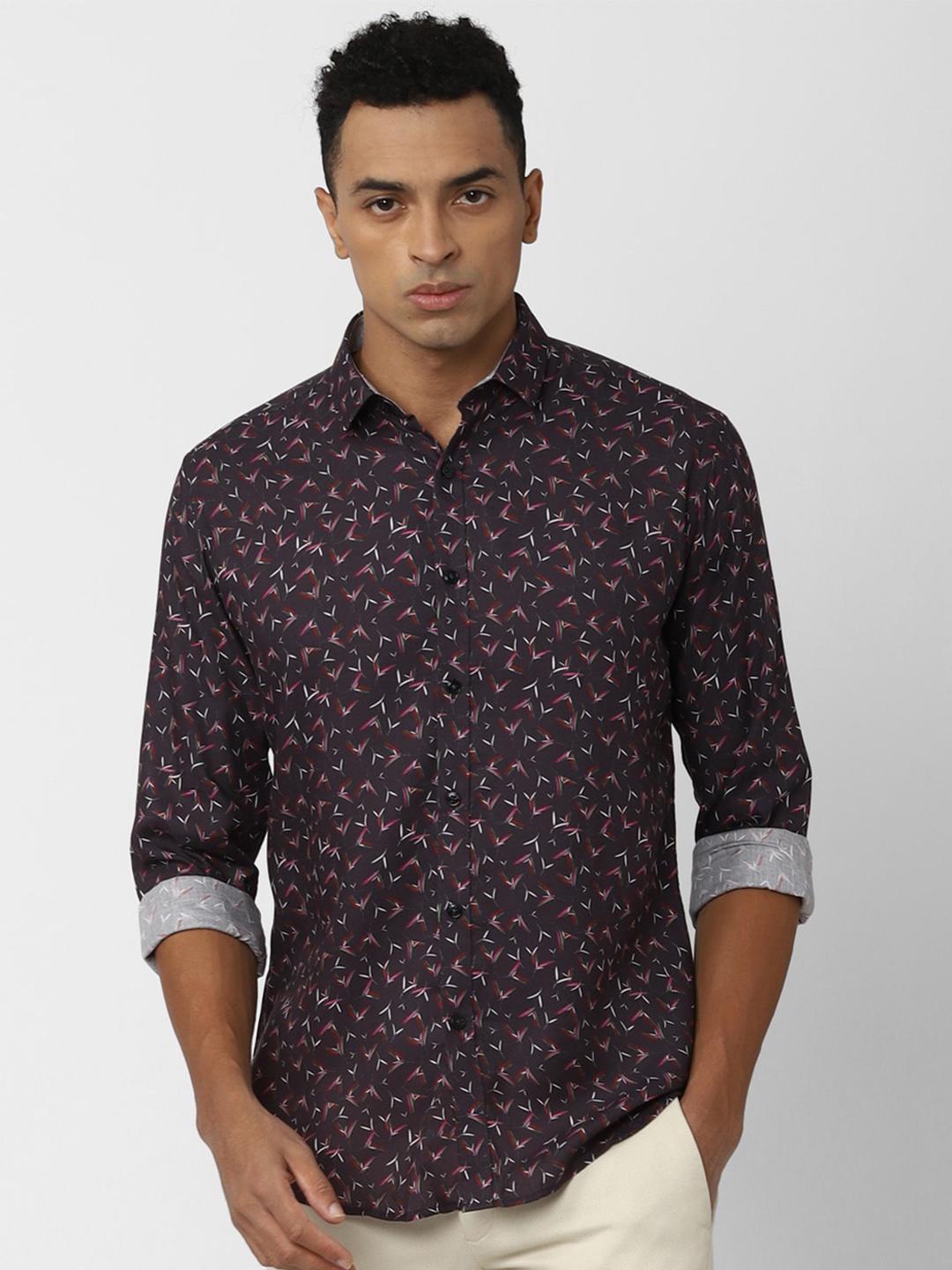 

V Dot Floral Printed Spread Collar Slim Fit Casual Shirt, Maroon