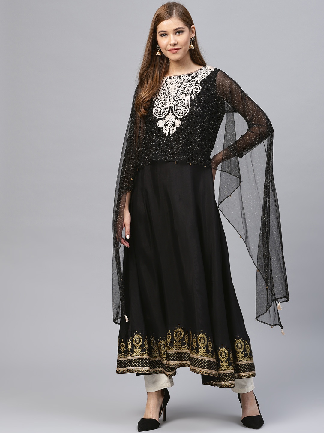 

W Women Black & Golden Yoke Design Layered A-Line Kurta