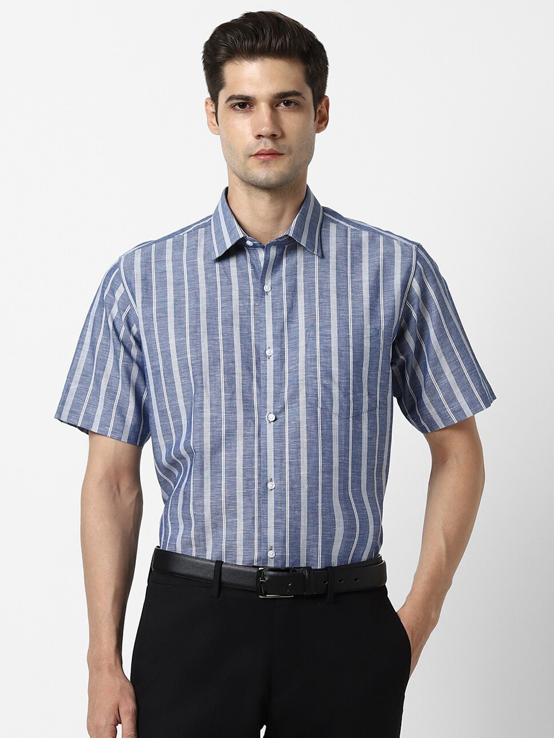 

Van Heusen Striped Cotton Linen Formal Shirt, Blue