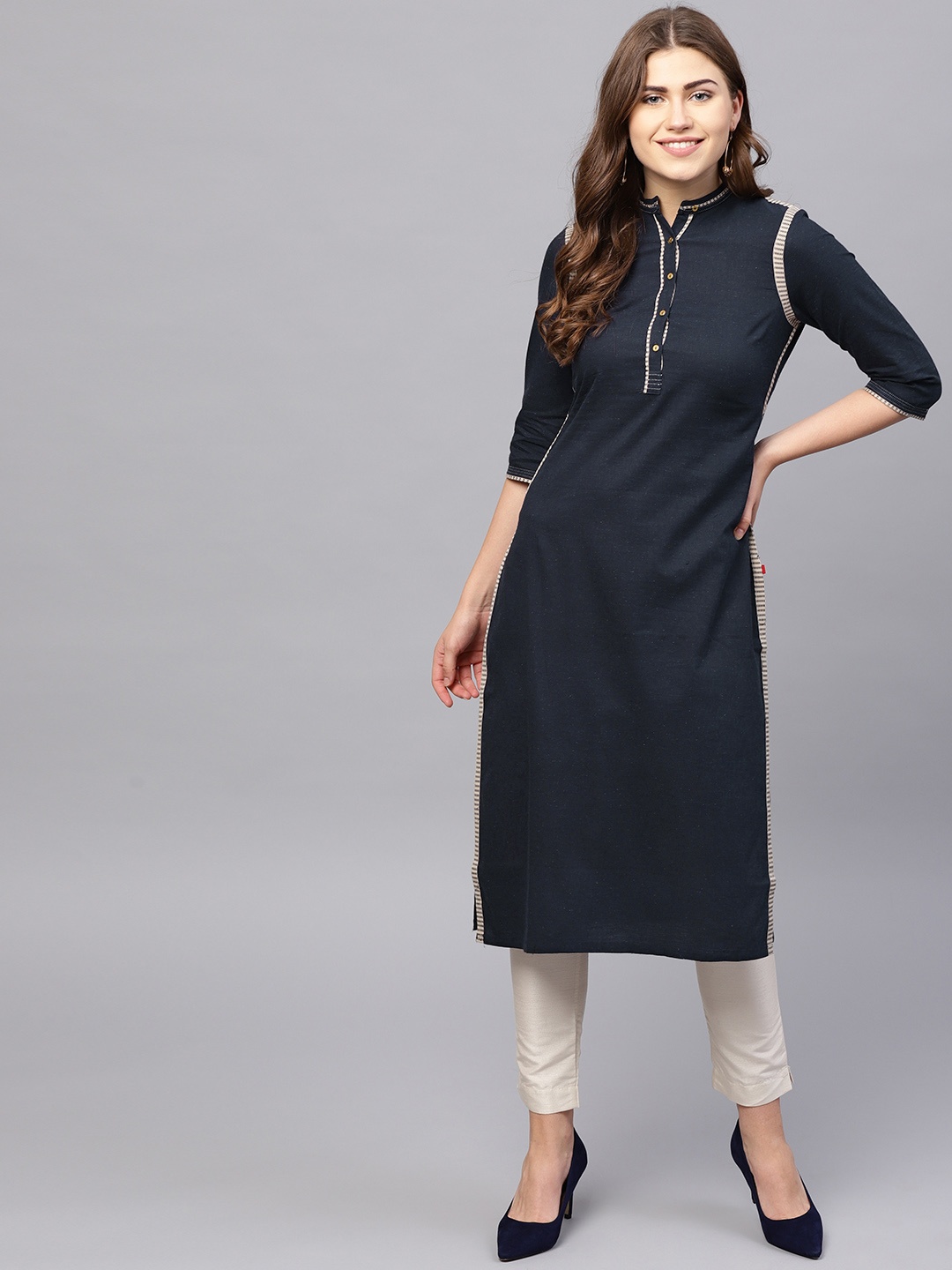 

W Women Navy Blue Solid Straight Kurta