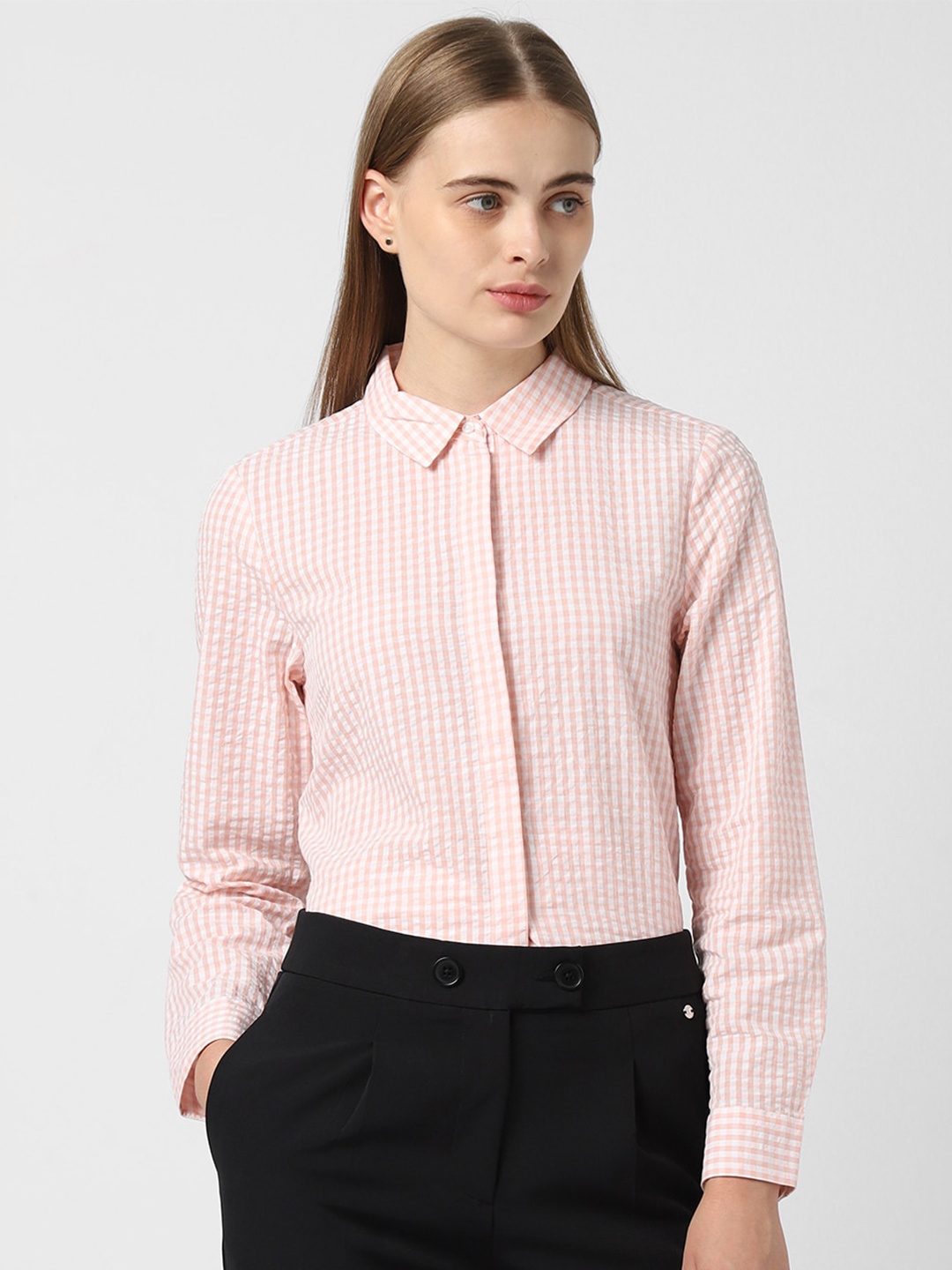 

Van Heusen Women Grid Tattersall Checked Cotton Formal Shirt, Pink