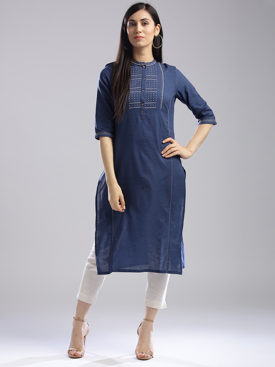 

W Women Blue Solid Straight Kurta