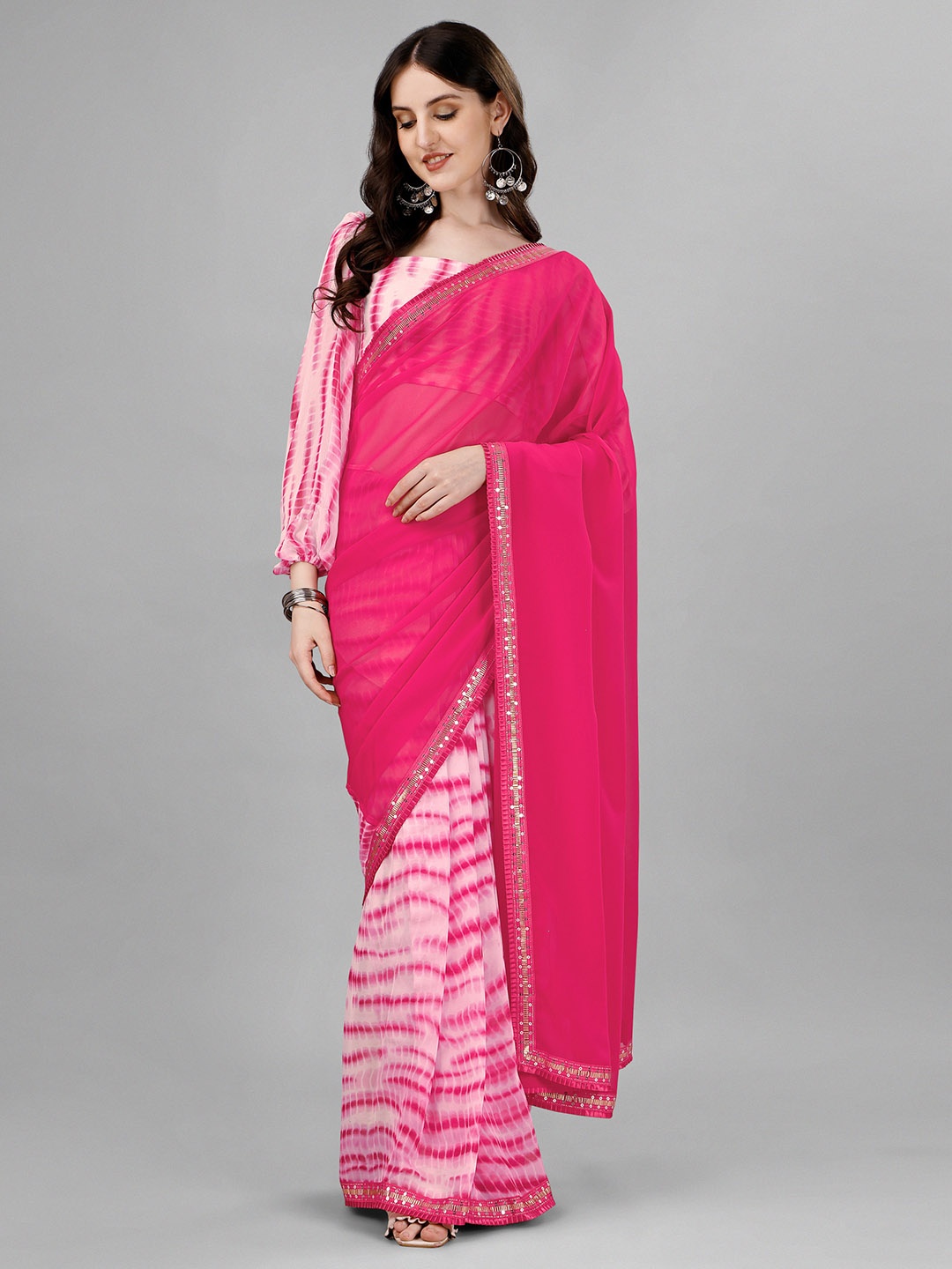 

B4ME.COM Tie and Printed Sequinned Pure Georgette Half and Half Leheriya Saree, Pink