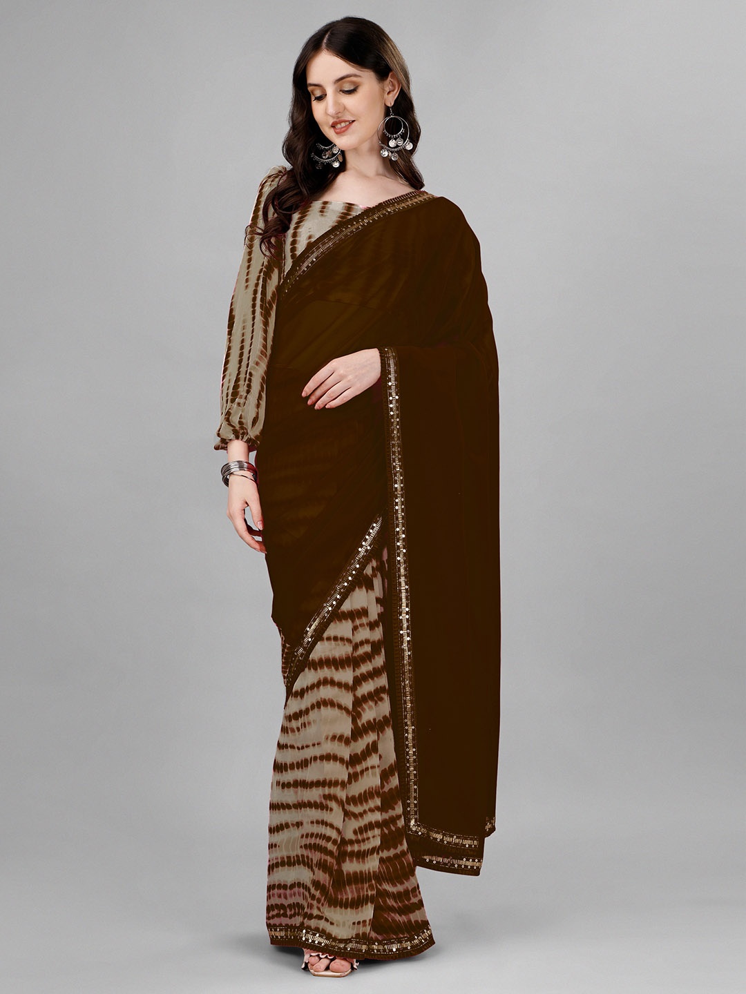 

B4ME.COM Tie and Dye Printed Sequinned Pure Georgette Half and Half Leheriya Saree, Brown