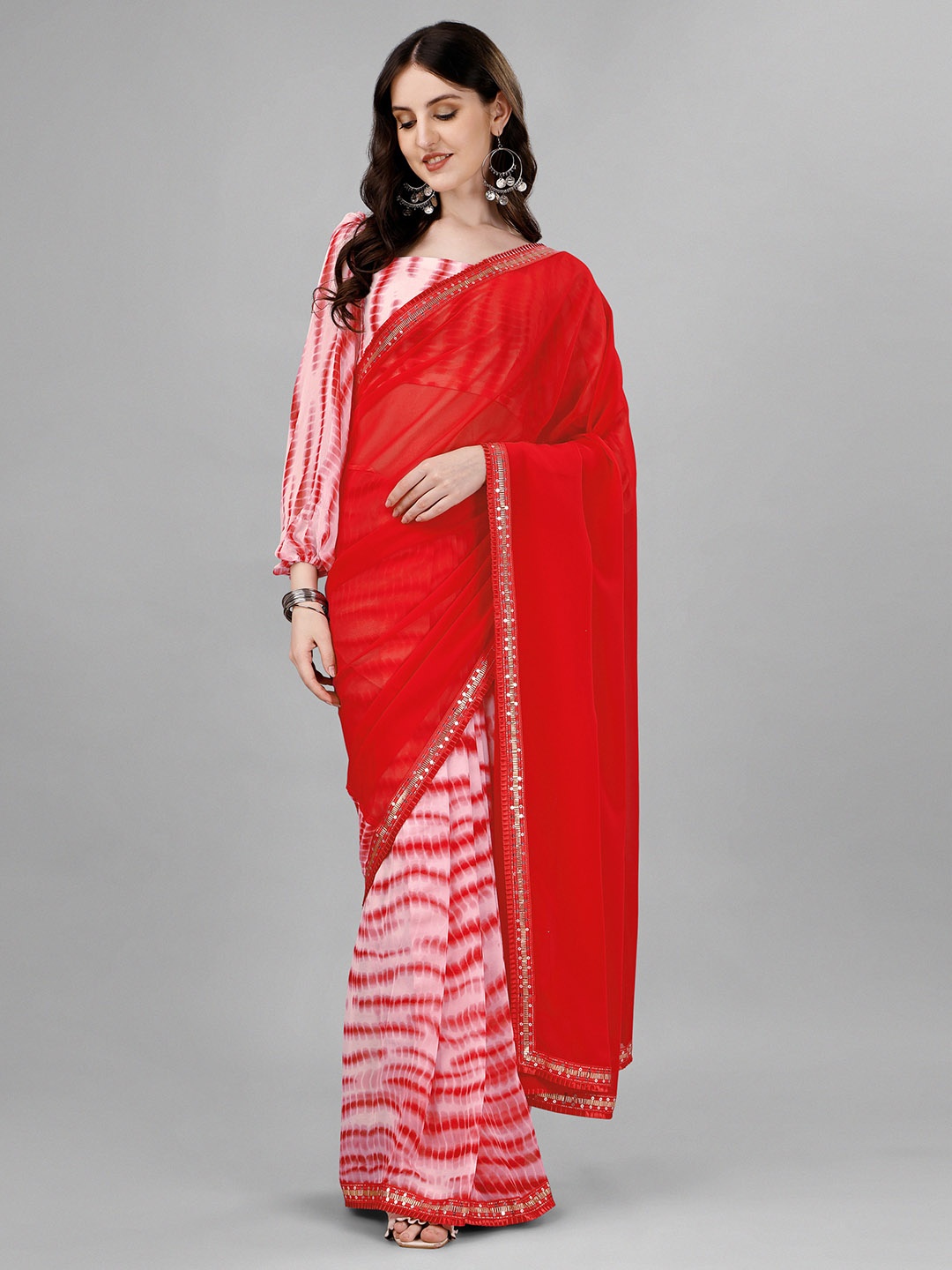 

B4ME.COM Tie and Dye Printed Sequinned Pure Georgette Half and Half Leheriya Saree, Red