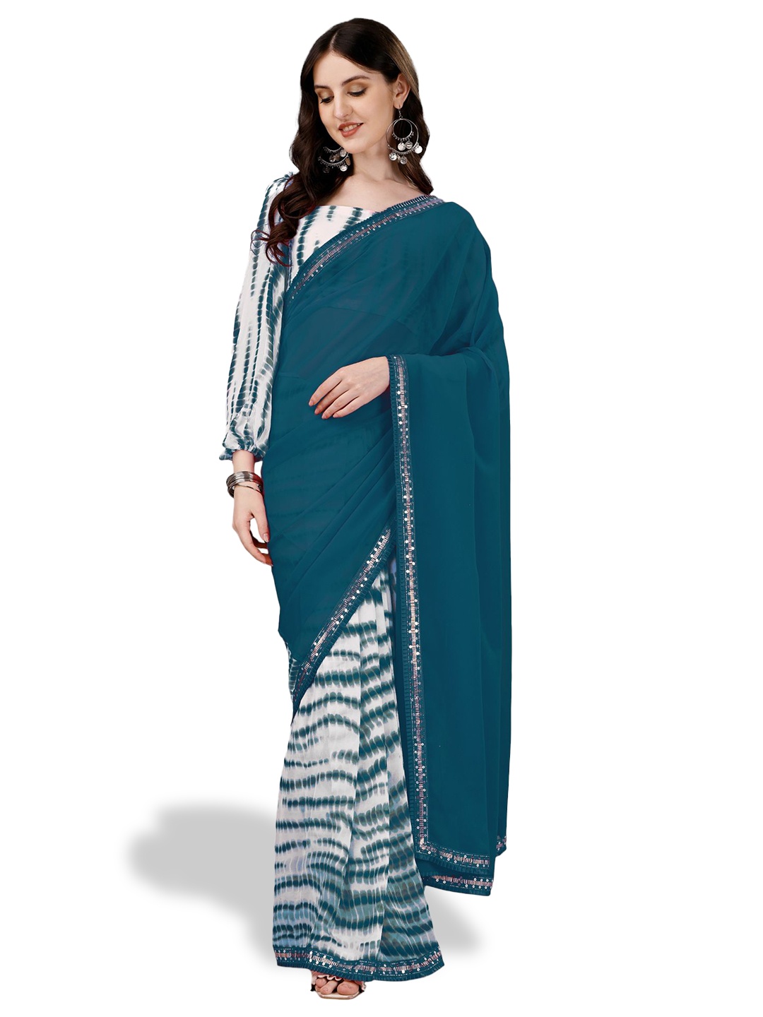 

B4ME.COM Tie and Dye Printed Sequinned Pure Georgette Half and Half Leheriya Saree, Blue