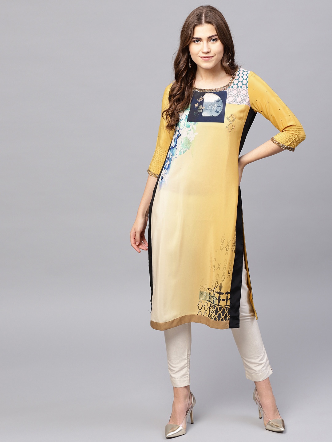

WISHFUL by W Women Mustard Yello WISHFUL by W Printed Straight Kurta