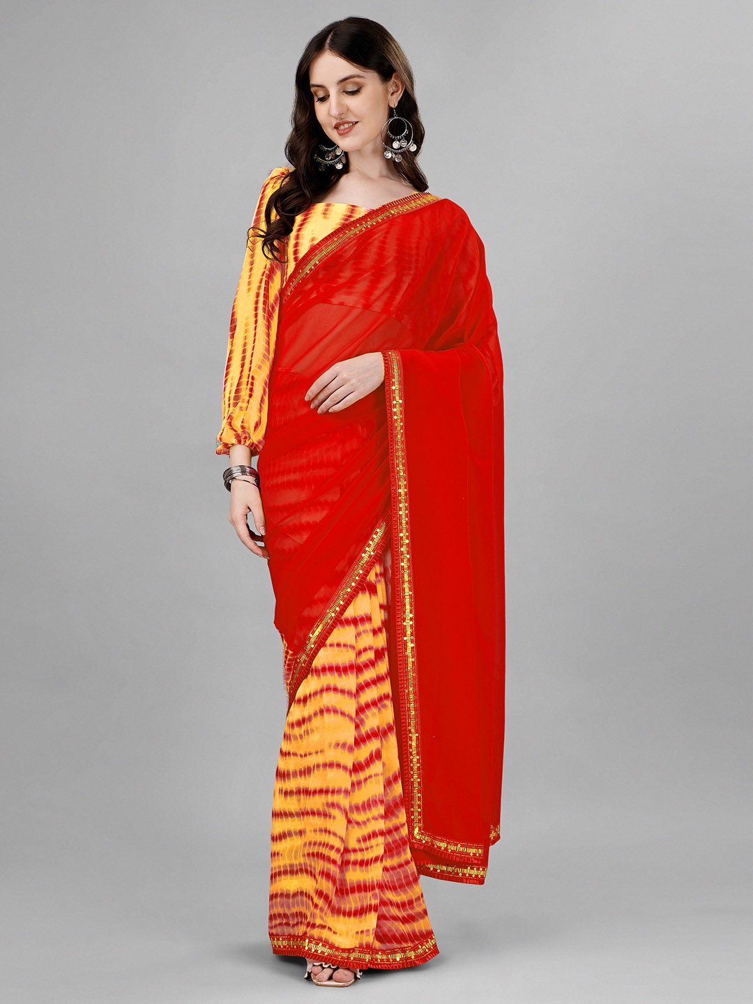 

B4ME.COM Tie and Dye Printed Sequinned Pure Georgette Half and Half Leheriya Saree, Orange