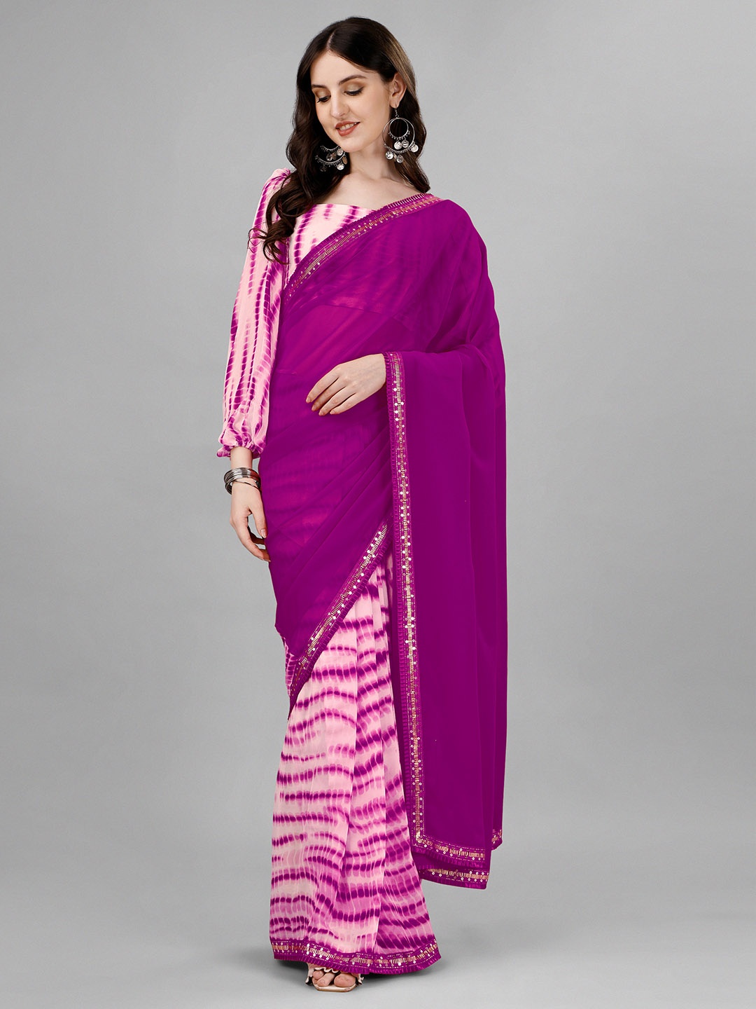

B4ME.COM Tie and Dye Printed Sequinned Pure Georgette Half and Half Leheriya Saree, Purple