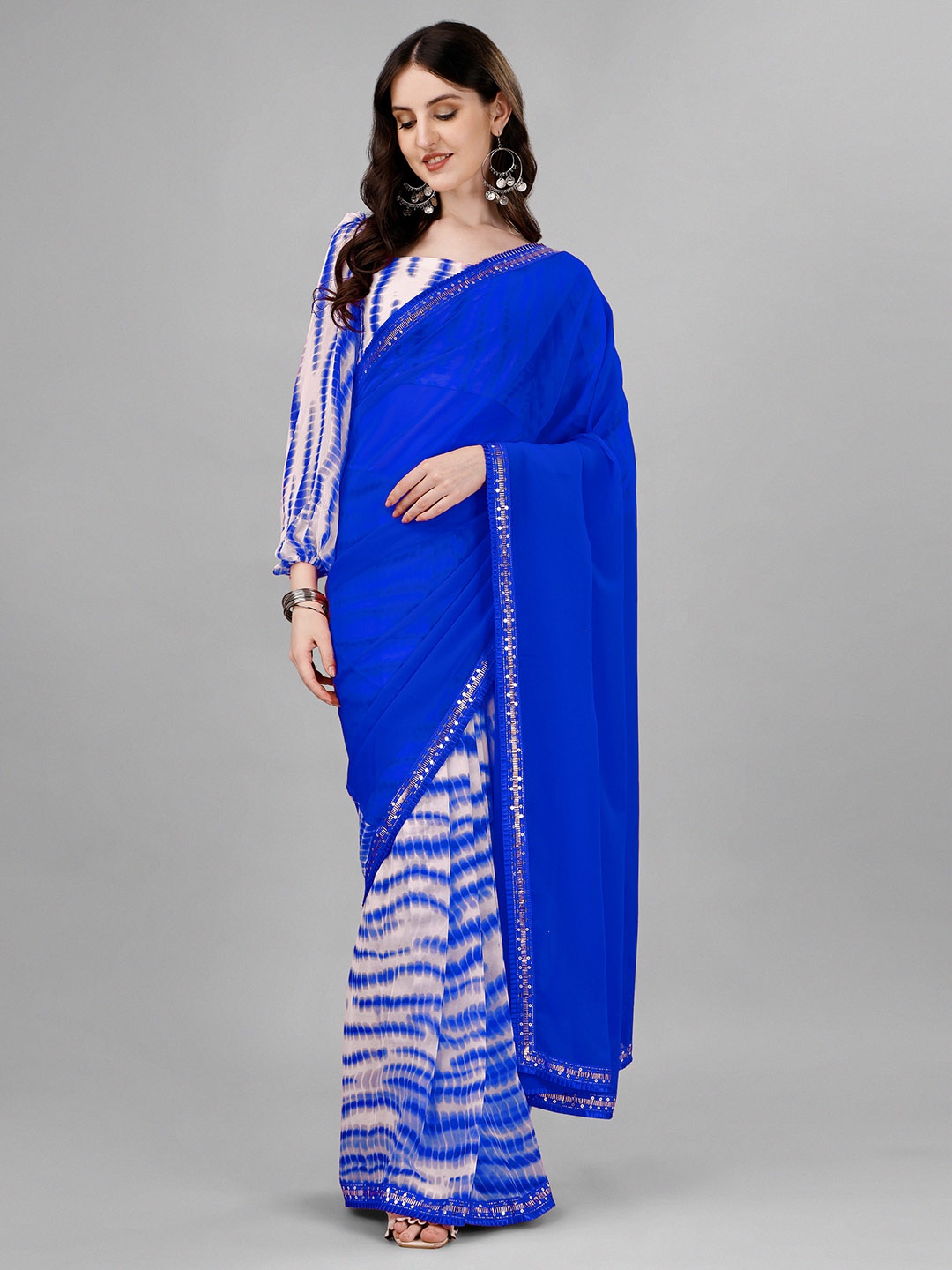 

B4ME.COM Tie and Dye Printed Sequinned Pure Georgette Half and Half Leheriya Saree, Turquoise blue