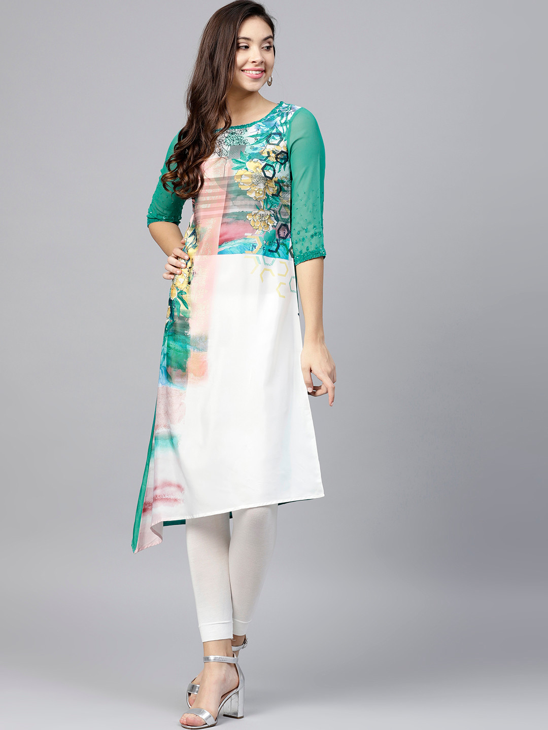 

WISHFUL by W Women Green & White Printed Asymmetric A-Line Kurta